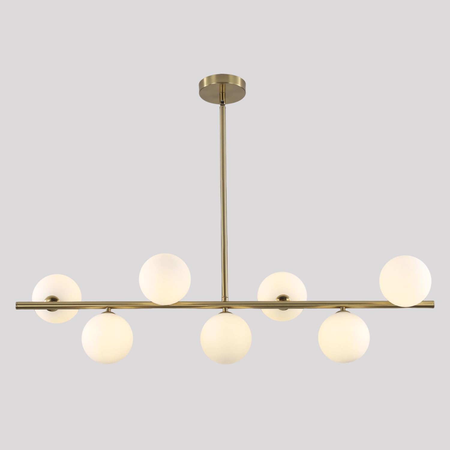 BOKT Brushed Brass Gold Sputnik Chandelier Mid Century Modern Globe Linear Pendant Light 7-Light White Glass Globe Round Chandelier Kitchen Island Dining Room Light Fixture