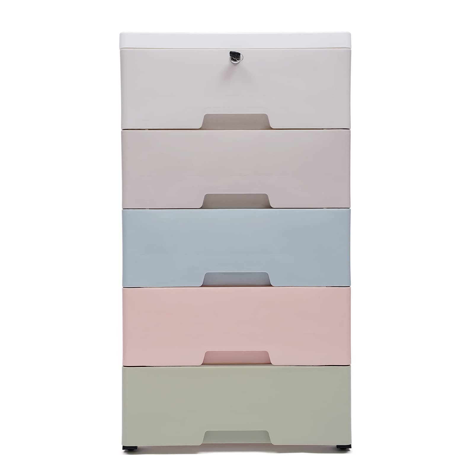 Plastic Drawers Dresser Storage Cabinet, 5 Drawers Storage Dresser with Lock, Bedroom Tall Small Chest Closet, Organizer Unit for Bedroom Office Playroom Furniture (Macaroon)