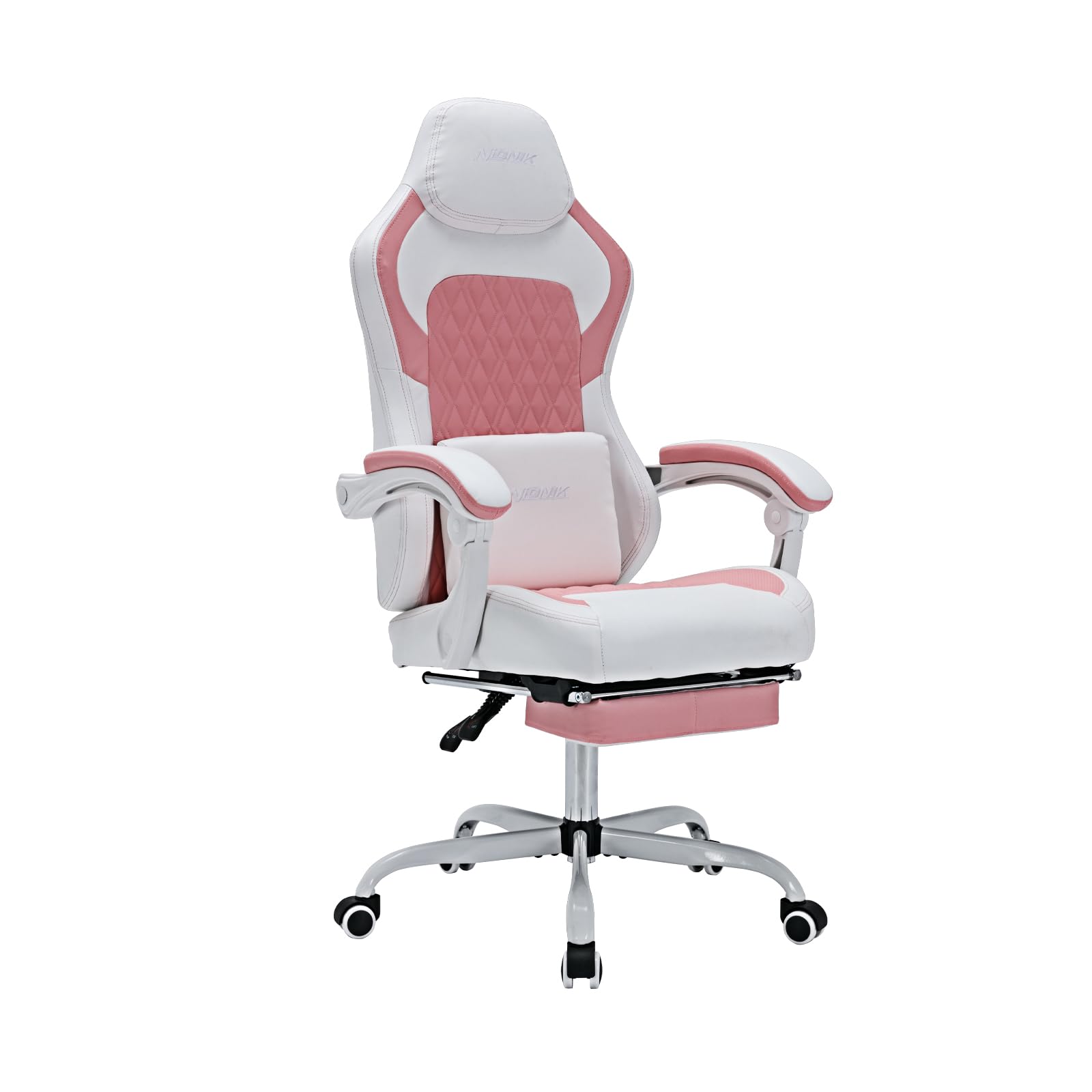 Gaming Chair with Footrest, Ergonomic Computer Gaming Chair, Massage Lumbar Video Game Chairs, Office Gaming Chairs for Adults, Gamer Chair with Adjustable Height and Backrest(Whitepink)  Alloy Steel