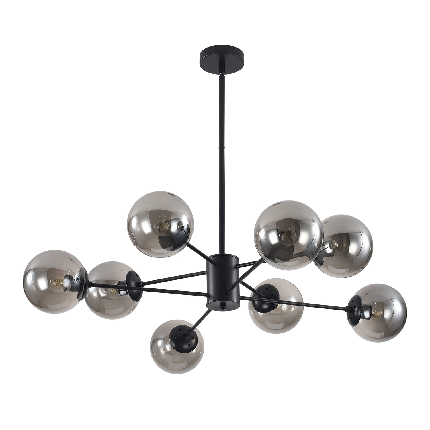KCO Lighting Modern Glass Globe Sputnik Chandelier 8-Light Mid Century Black Sputnik Chandelier Pendant Light Fixture Farmhouse Industrial Chandelier Light Fixture (Black+Smoke Grey)