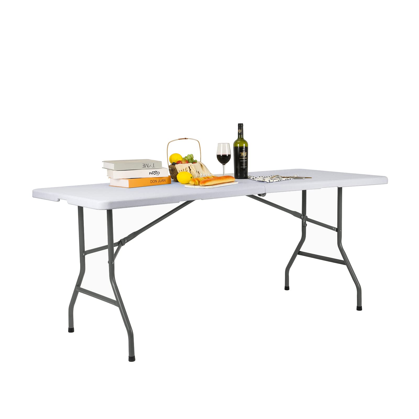 Folding Table 6ft Portable Heavy Duty Plastic Fold-in-Half Utility Picnic Table Plastic Dining Table Indoor Outdoor for Camping White