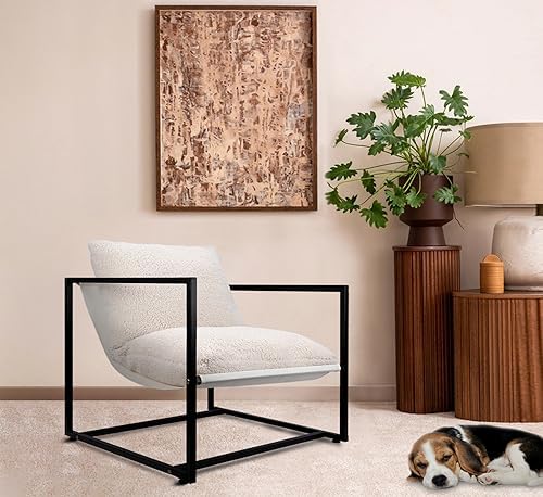 ZYBT Sherpa Modern Accent Chairs, Living Room Chairs with Metal Frame and Upholstered, Lazy Arm Chair with White Boucle for Bedroom  Wool & Wool Blend