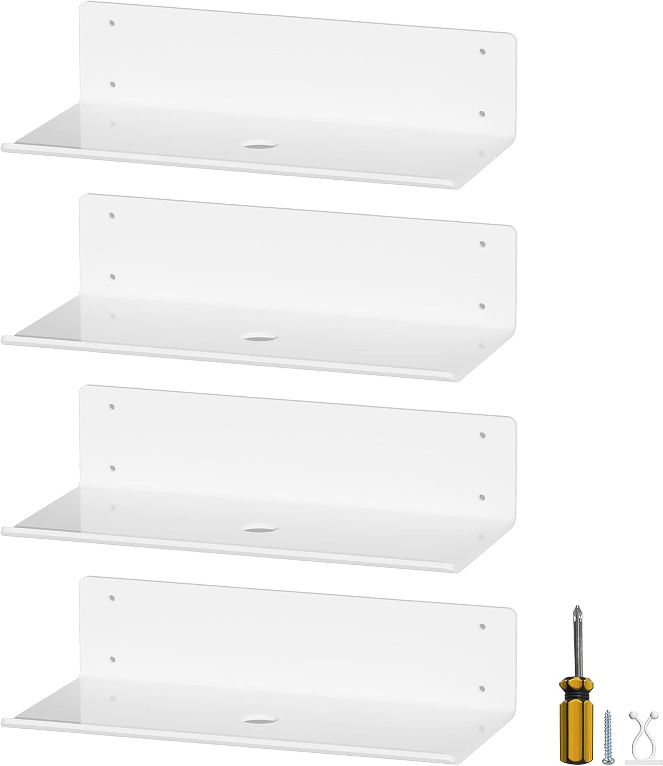 White Acrylic Floating Shelves 4 Pack, 9.4&apos;&apos; Wall Mounted Shelves for Bedroom, Bathroom, Living Room, Gaming Room with Free Tool and Accessories
