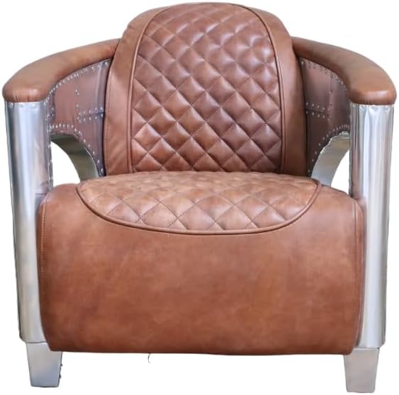 NauticalMart Leather Hurricane Aviator Armchair Industrial Style Aluminum & Leather Sofa Living Room Hallway Decor Entryway Bedroom Furniture  Aluminum, Leather
