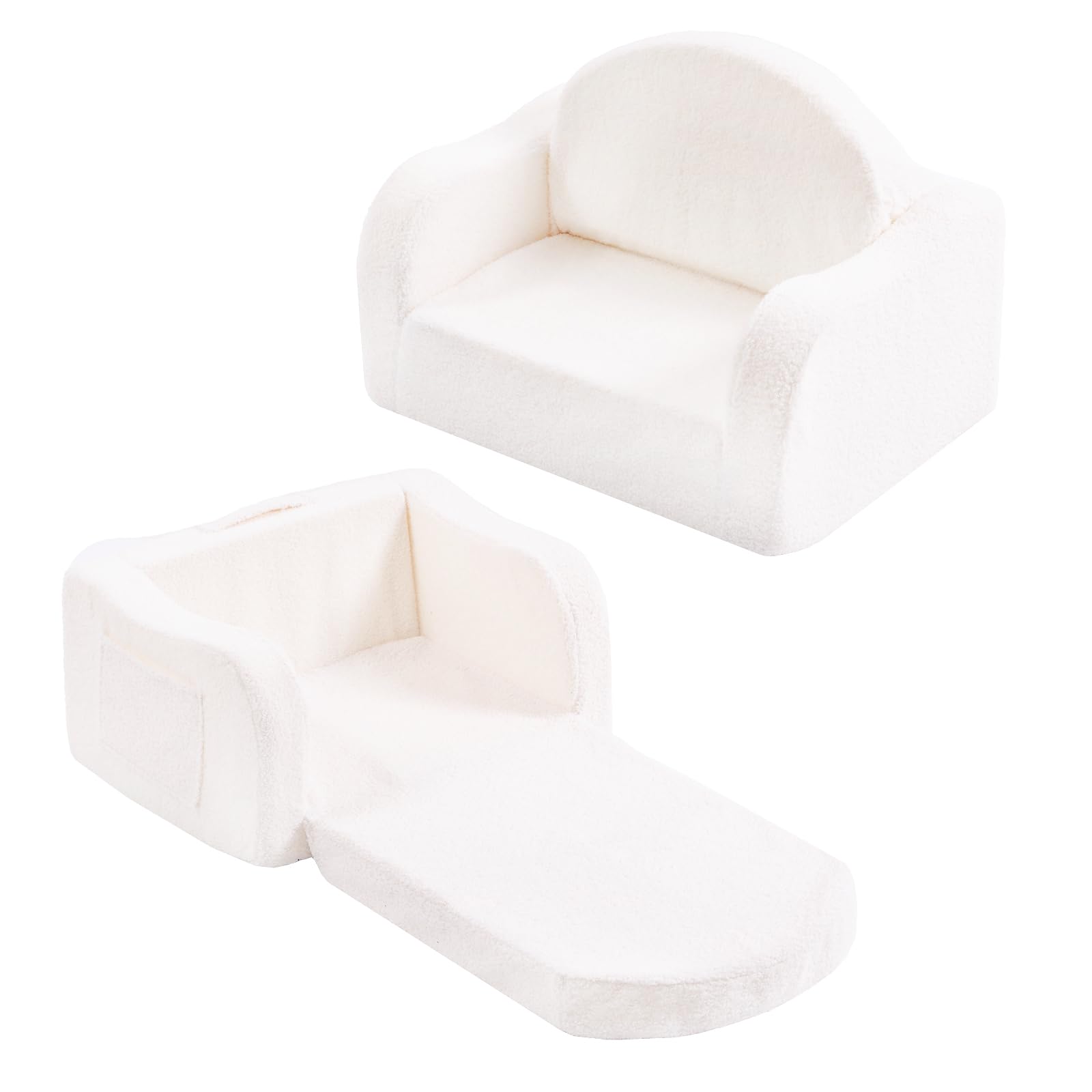 Welnow 2-in-1 Kids Sofa Chair, Convertible Toddler Chair Flip Out Children Sofa Chair with Wave Armrests Folding Kids Play Sofa with Side Pockets & Removable Cover Armchair for Girl or Boy  Foam Filled