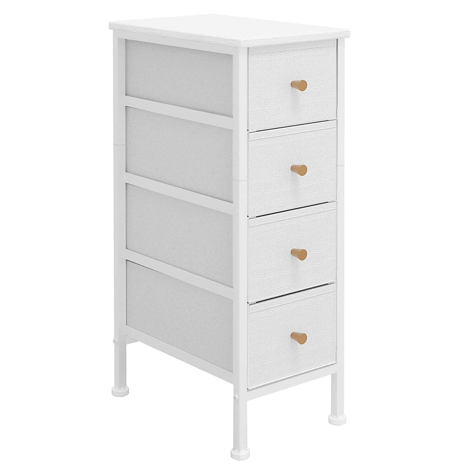 Narrow Dresser with 4 Drawers, Slim Drawer Storage Tower for Small Spaces, Slim Fabric Dresser with Leather Front & Wood Top, White Dresser for Bedroom/Living Room/Bathroom