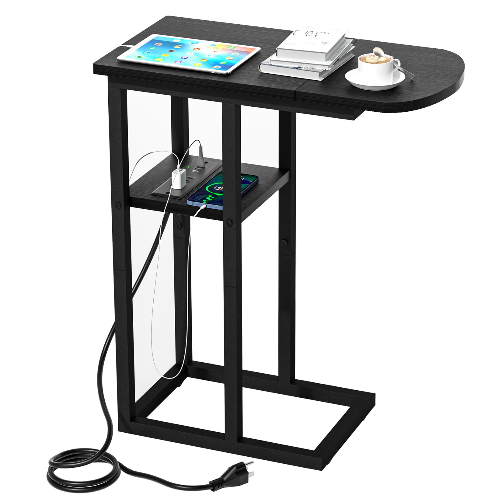 C Shaped End Table with Charging Station, Side Table for Living Room & Bedroom, Slide Under Couch Laptop Table with USB Ports and Outlets, Snack Tray Table for Couch & Bed, Black