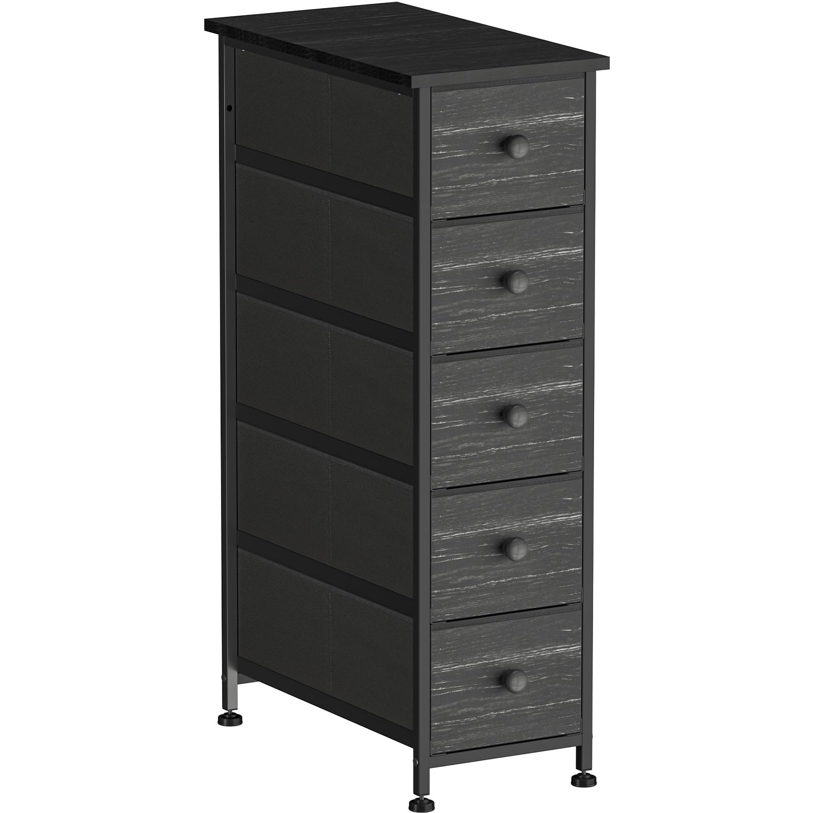Narrow Dresser Storage Tower with 5 Removable Fabric Drawers - Slim Dresser with Steel Frame, Wood Top, Knob, Black Dresser for Bathroom Organizer, Closet, Small Spaces,Charcoal Black