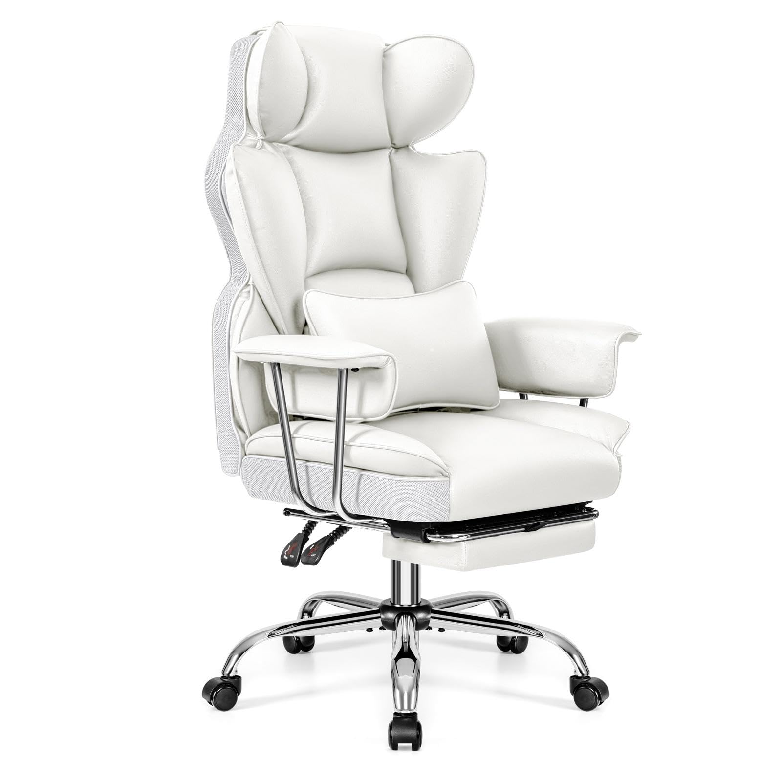 Office Desk Chair, Big and Tall Executive Office Chair with Footrest, Leather Computer Chair, Ergonomic Reclining Chair High Back with Lumbar Support, Large Home Office Chair (White)  Leather