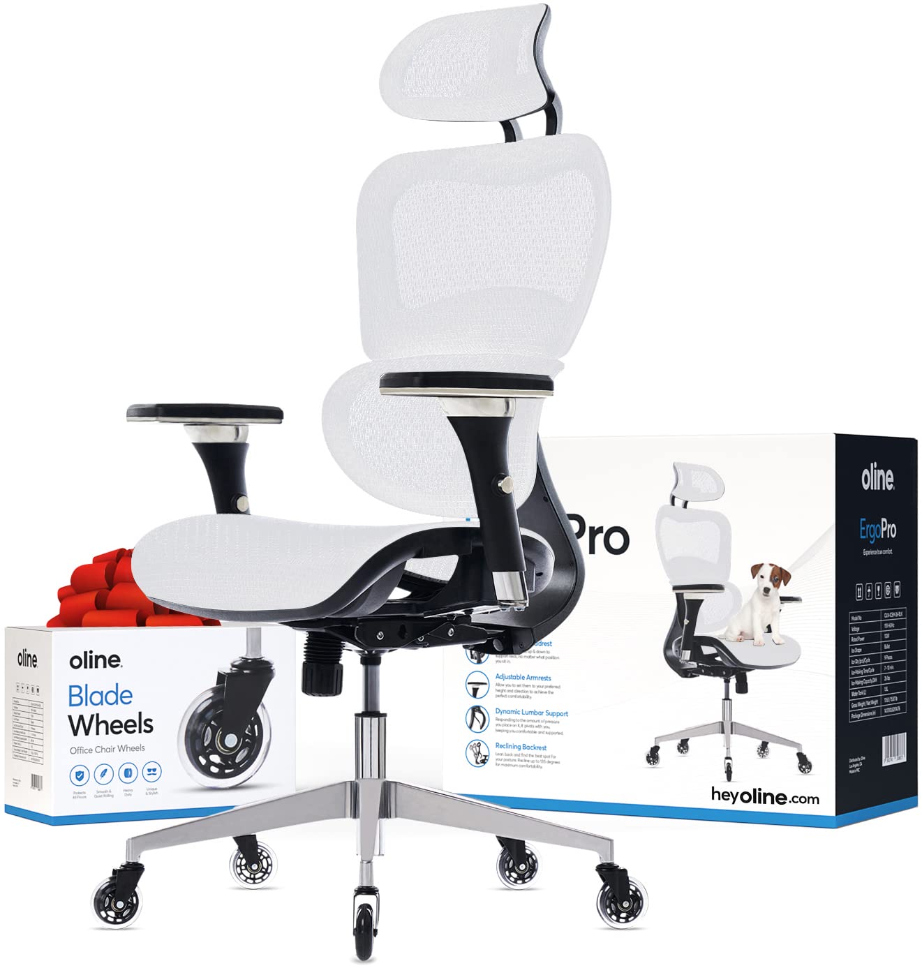Oline ErgoPro Ergonomic Office Chair - Rolling Desk Chair with 4D Adjustable Armrest, 3D Lumbar Support and Blade Wheels - Mesh Computer Chair, Gaming Chairs, Executive Swivel Chair (White)  Mesh