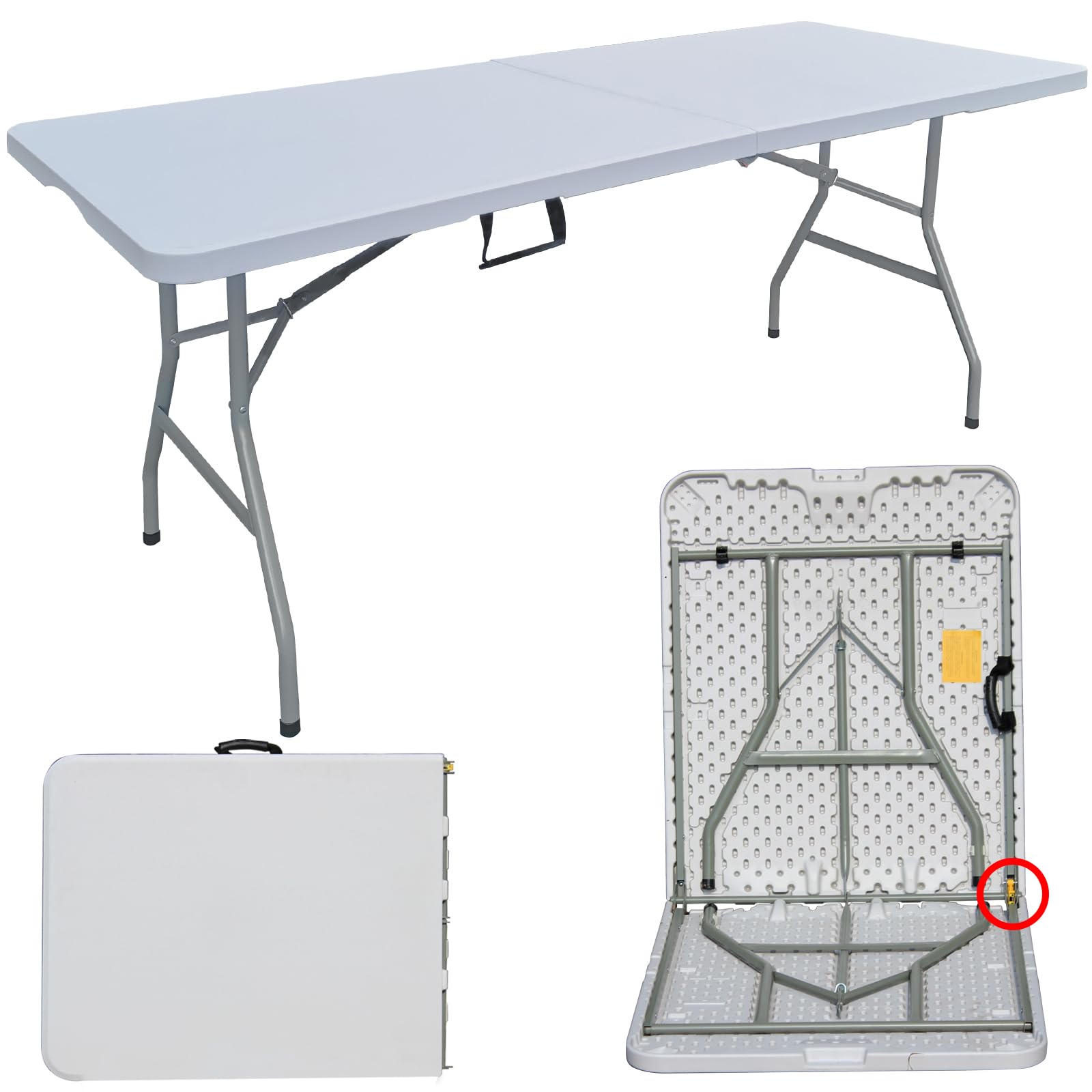 6ft Folding Table Fold in Half w/Handle White Plastic Heavy Duty for Outdoor & Indoor Booth Dining Picnic Camping Party Wedding BBQ Garden Kitchen