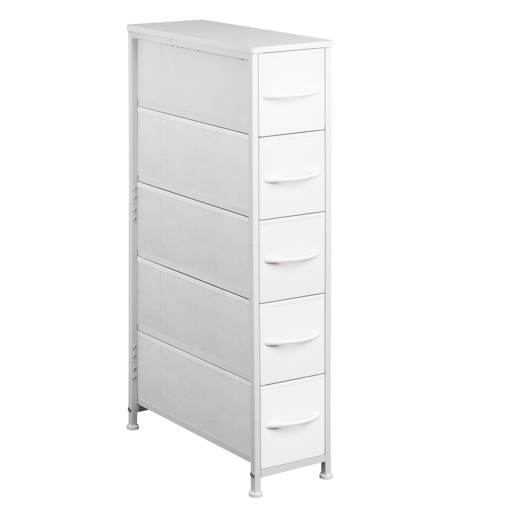 Narrow Dresser Storage Tower with 5 Drawers, Slim Dresser Chest of Drawers with Steel Frame, Wood Top, Dresser for Bedroom, Bathroom, Small Spaces, Laundry, Closet, White