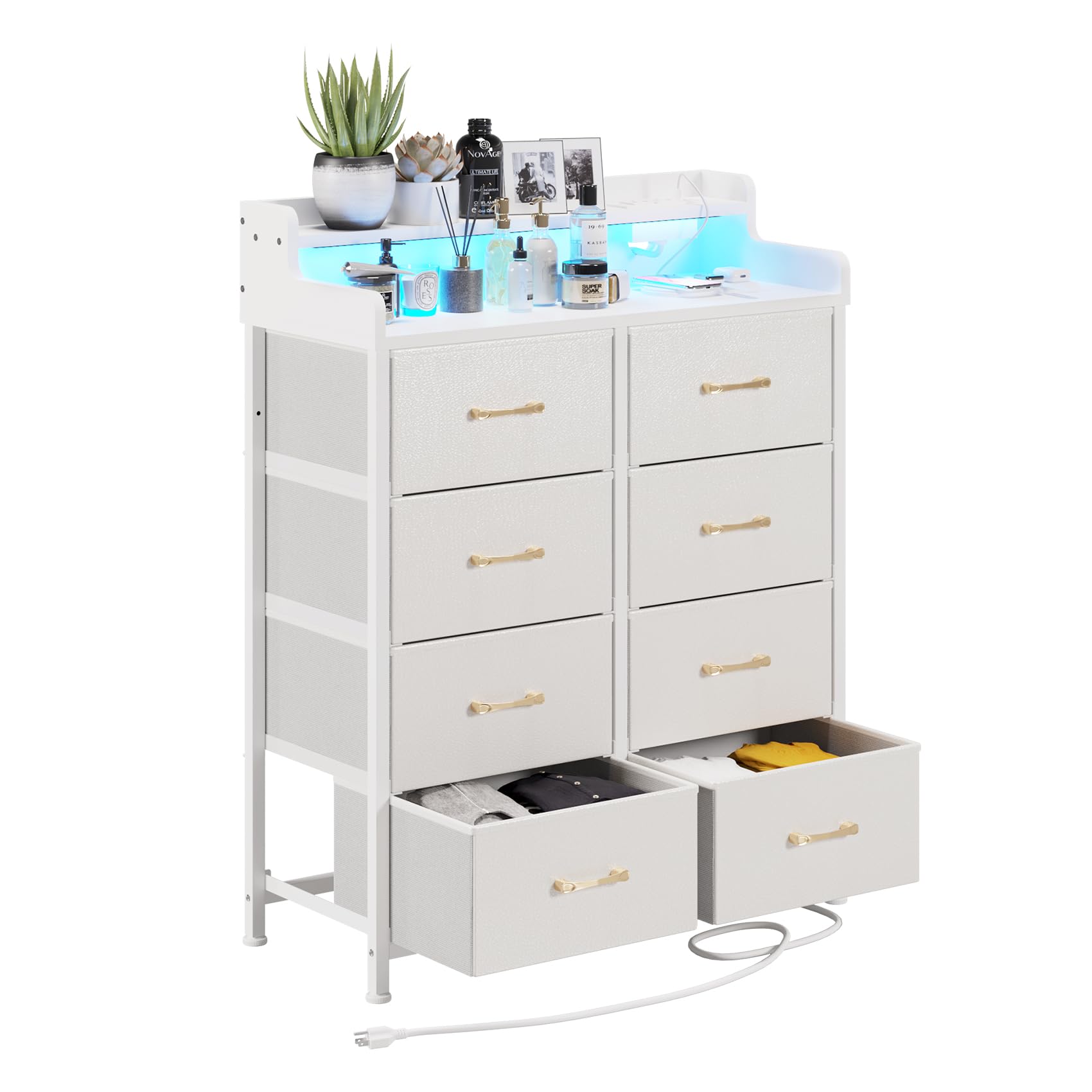 LUMTOK 8-Drawers Dresser with Power Outlets, Built-in Power Strips & LED Strips, Fabric Dressers Drawers for Bedroom, Hallway, Nursery, Steel Frame, Wood Top, Easy Pull Handle (White)