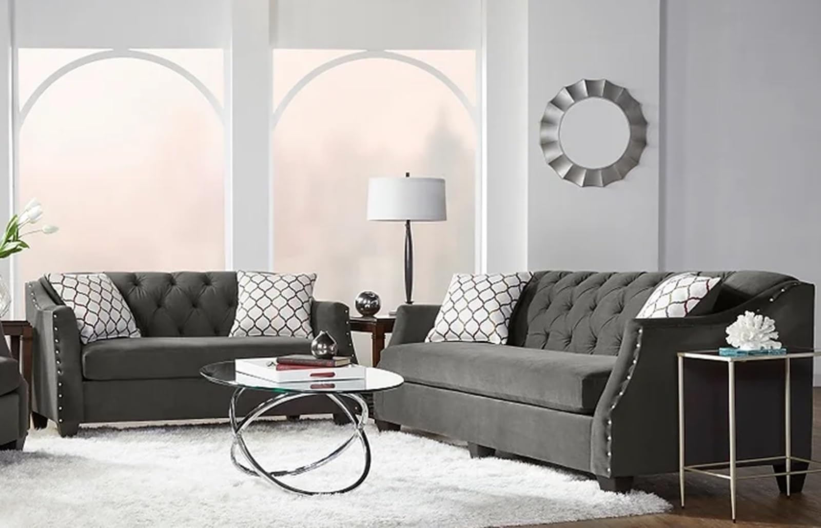 Corinth Plush Grey Fabric Sofa and Loveseat with Tufted Backs