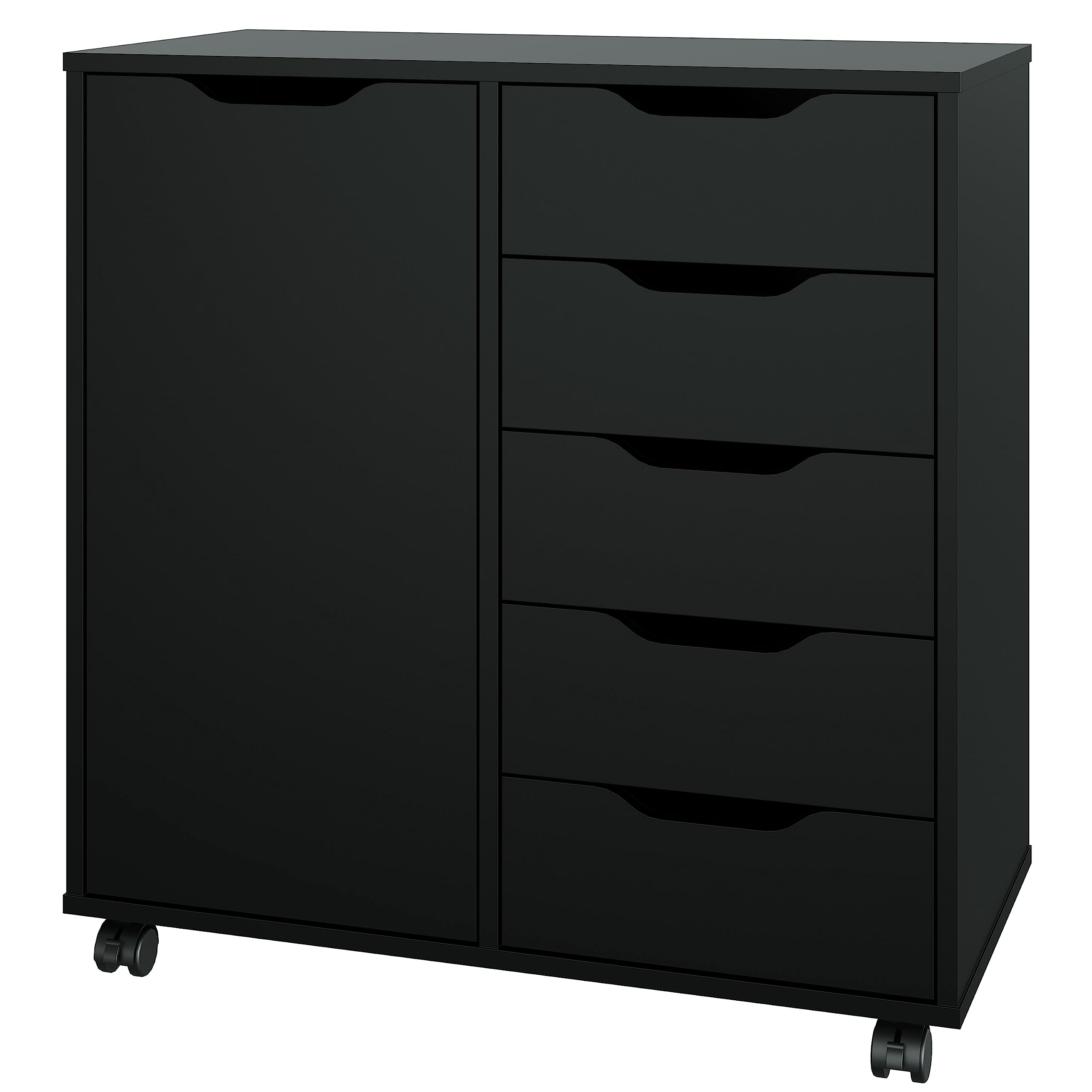 Panana 5-Drawer Chest with 1 Door, Wooden Chest of Drawers Storage Dresser Cabinet with Wheels, Office Organization and Storage, Bedroom Furniture (Black)