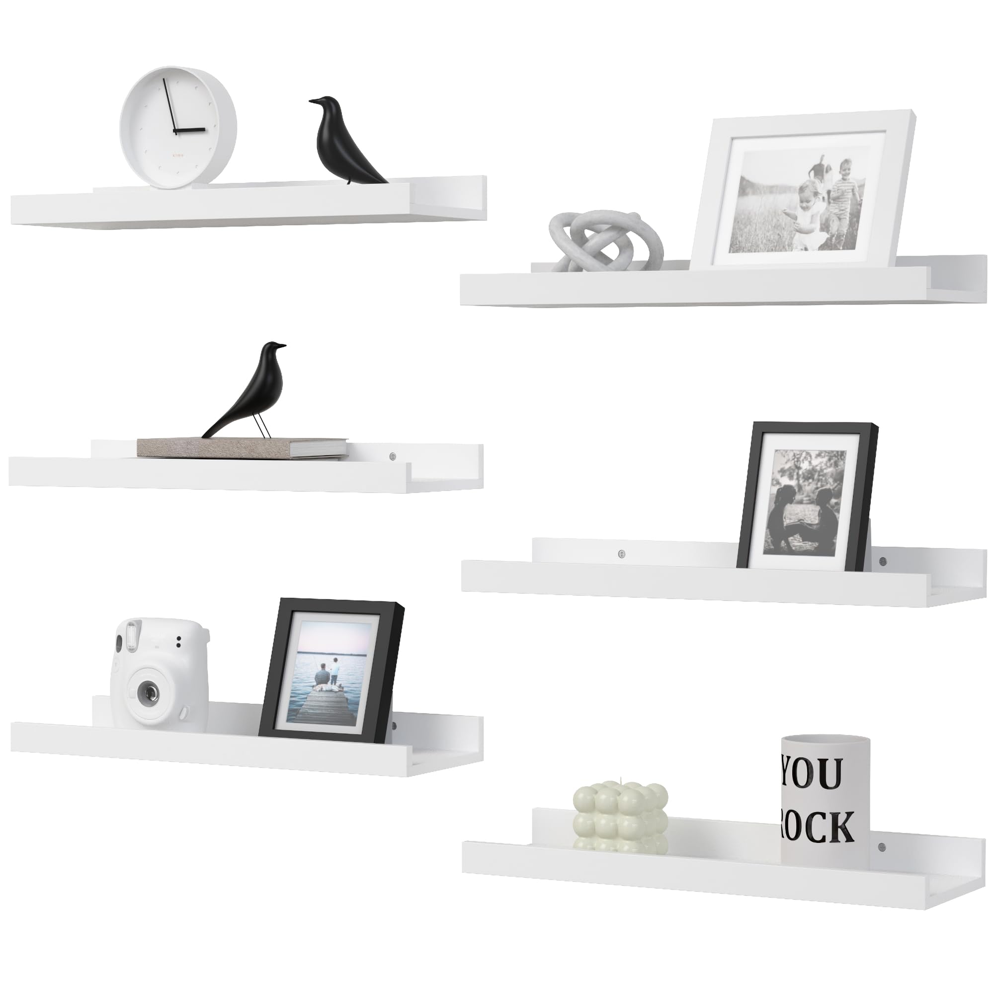 Floating Shelves Set of 6, White Wall Shelves with Lip, Display Shelves for Wall Decor, Modern Picture Ledge for Living Room, Bedroom, Nursery, Bathroom, Pictures, Books, Plants- White