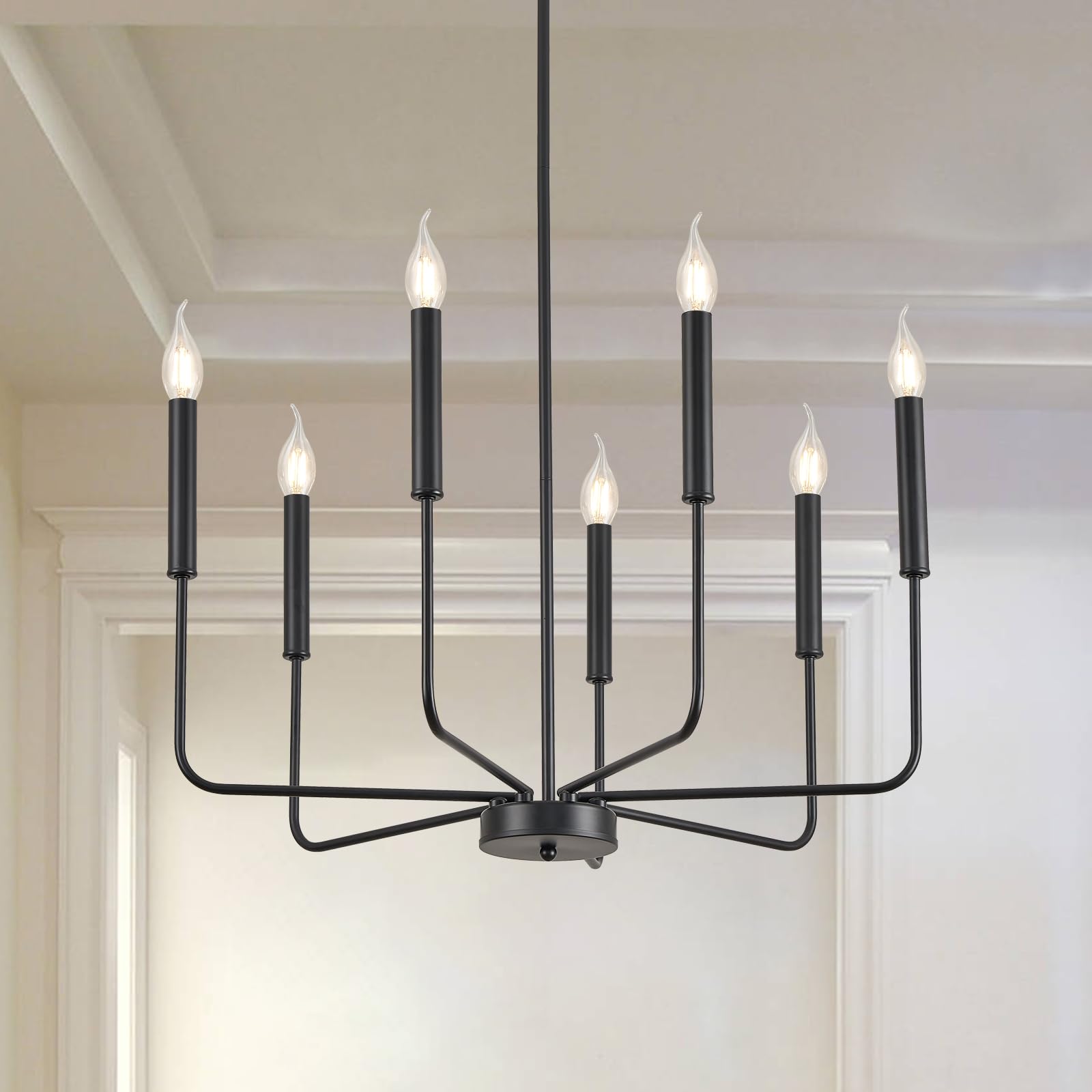 Modern Farmhouse Chandelier Lighting, Black Industrial Metal 7-Light Candle Chandeliers, Hanging Light Fixtures for Bedroom,Living Room,Dining Room,Kitchen Island,Hallway