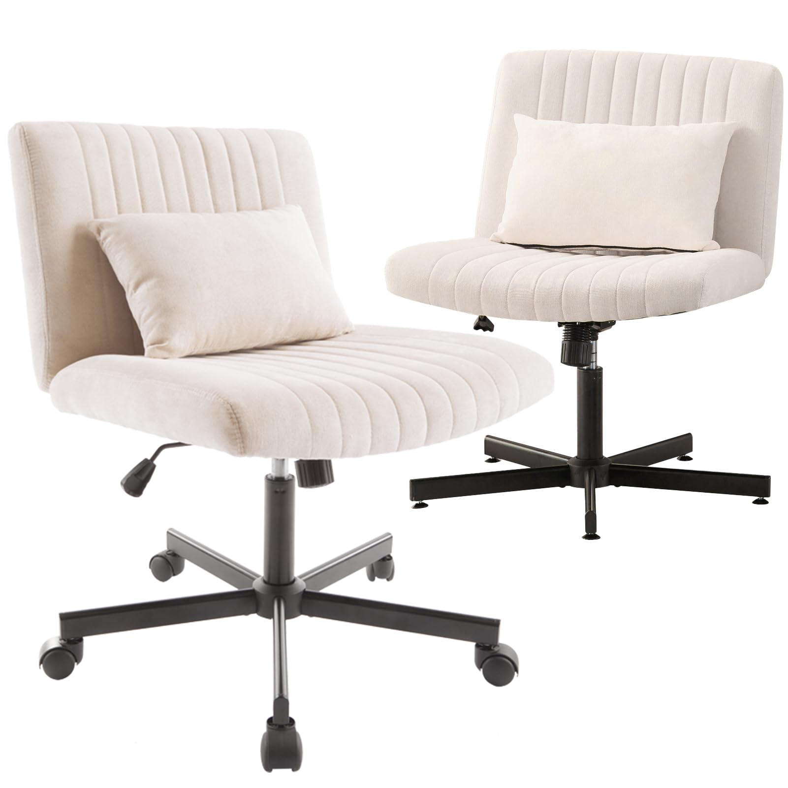 Criss Cross Armless Home Office Chair with Replaceable Wheels/Fixed Base and Throw Pillow for Living Room, Wide Seat Adjustable Legged Swivel Chair, Comfy Linen Computer Chair for Vanity, Beige