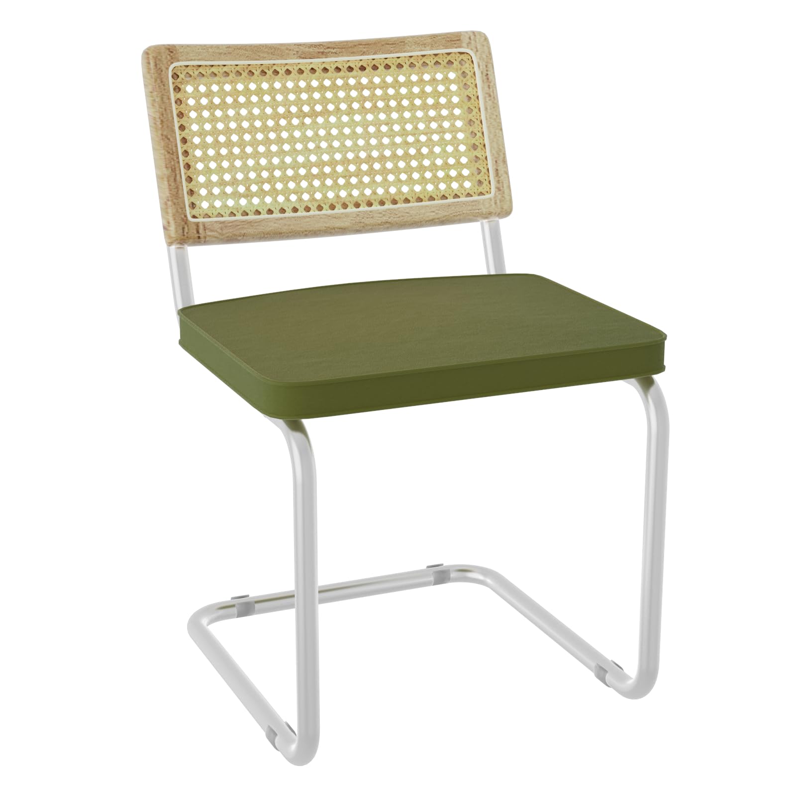 Mid-Century Modern Rattan Backrest Dining Chair - Natural Wood Upholstered Seat with Metal Legs for Home Dining Room Kitchen - Olive Green  Rattan