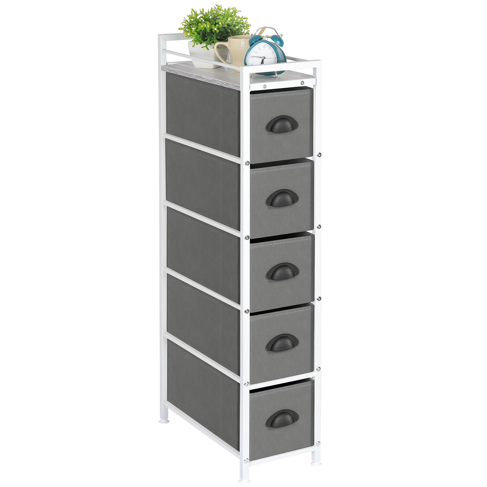 HAITRAL 5 Drawers Narrow Dresser - Fabric Storage Cabinet - Vertical Standing Storage Chest - Gaps Organizer with Removable Drawers and Wooden top for Laundry, Living Room, Entryway (Light Gray)
