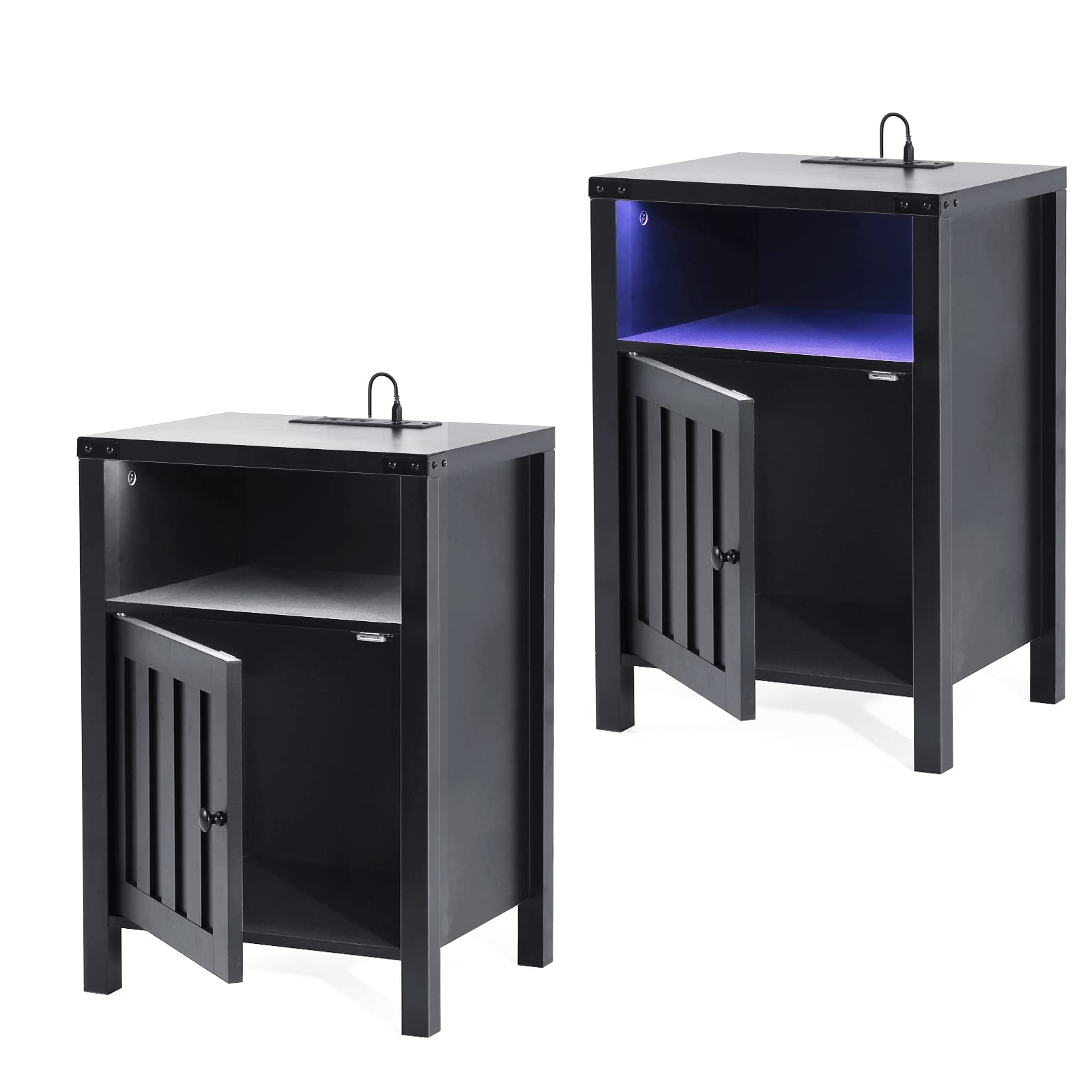 Side Table with Charging Station, Nightstand with RGB Light Strip, Modern End Table Beside Table with USB Ports and Outlets, Barn Door Cabinet, Open Shelf, Deep Storage for Living Room, Bedroom