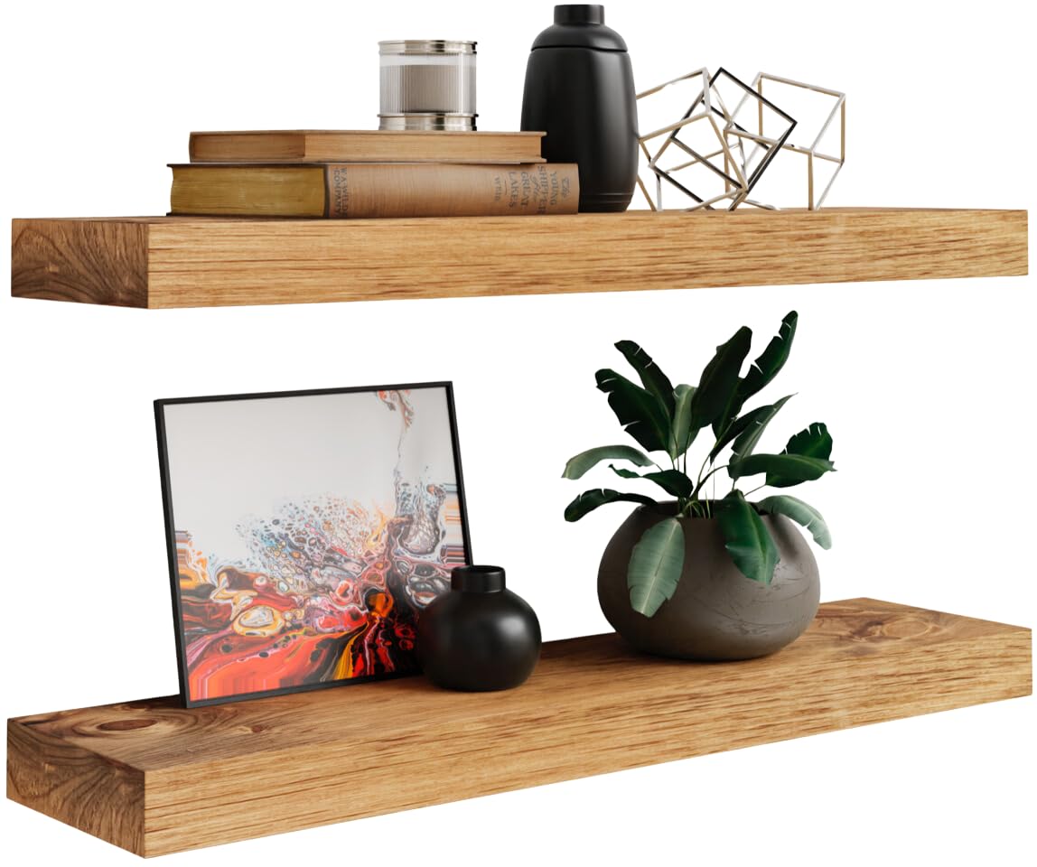 Imperative Décor Floating Wall Shelves Set of 2 - Functional & Rustic Wooden Shelve for Home Furnishing, Bathroom, Kitchen, & Farmhouse - USA Handmade (Light Walnut, 24 Inch Long x 5.5 Inch)