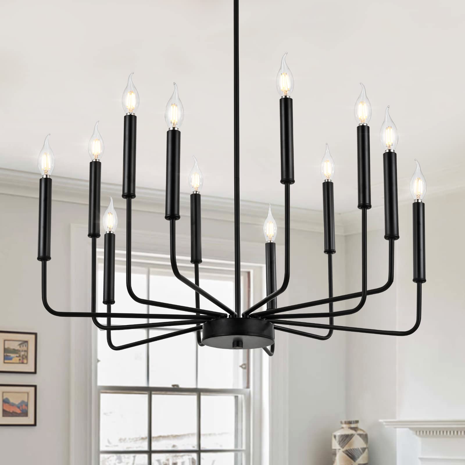 Modern Black Farmhouse Chandeliers, 12-Light Industrial Metal Chandelier Lighting, Classic Candle Hanging Pendant Light Fixtures for Kitchen,Dining Room, Living Room, Entryway UL Listed