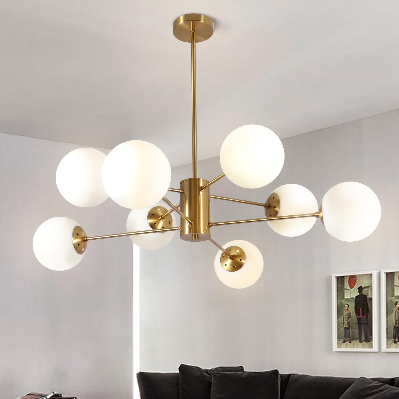 Chandelier Lighting,8-Light Mid Century Modern Chandelier Gold Chandelier for Dining Room Kitchen Living Room,Bubble Glass Pendant Light Fixtures(Gold+White)