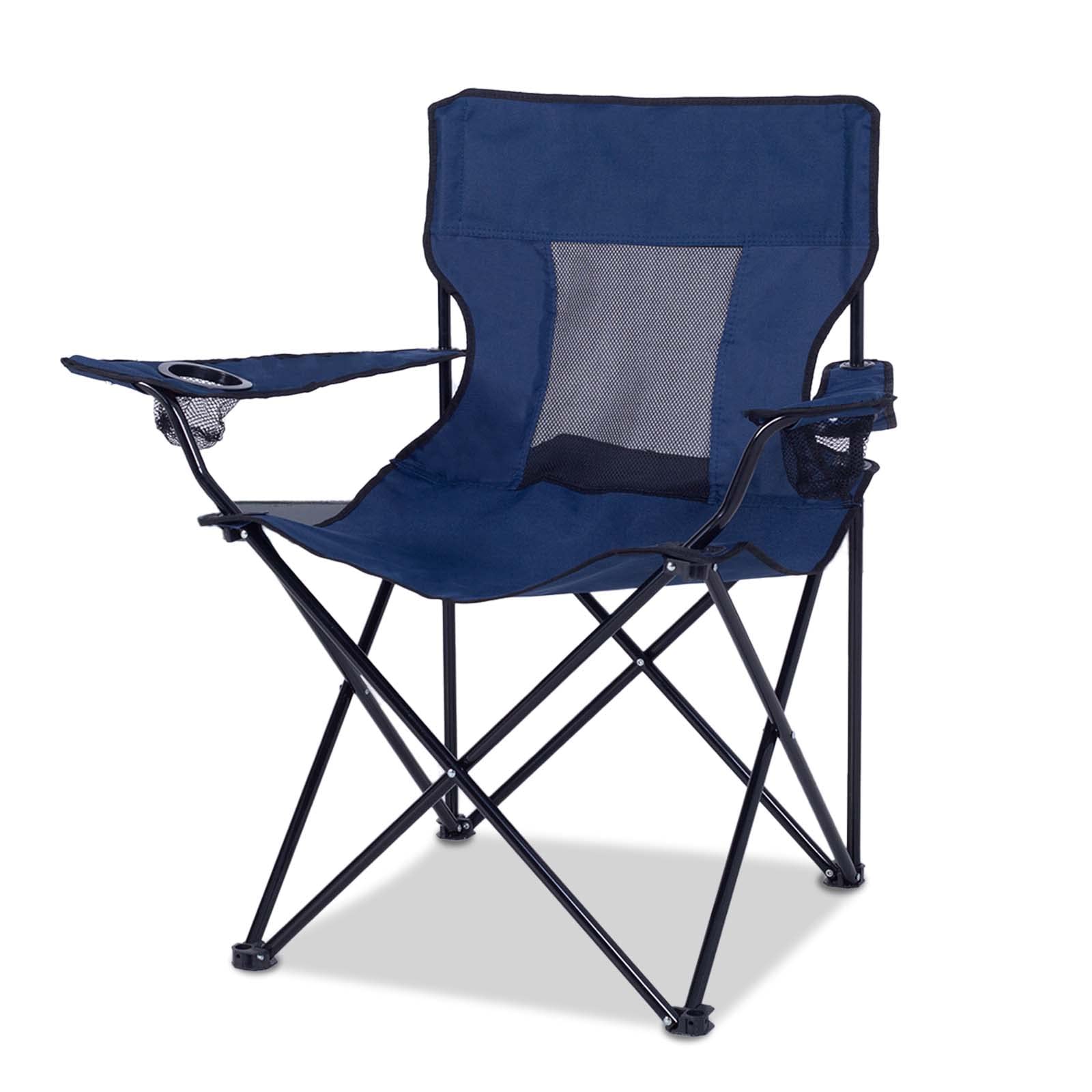 Camping Chair, Outdoor Portable Picnic Folding Fishing Chair with 2 Cup Holder for Fishing, Sports, Beach and Camping, Navy  Metal