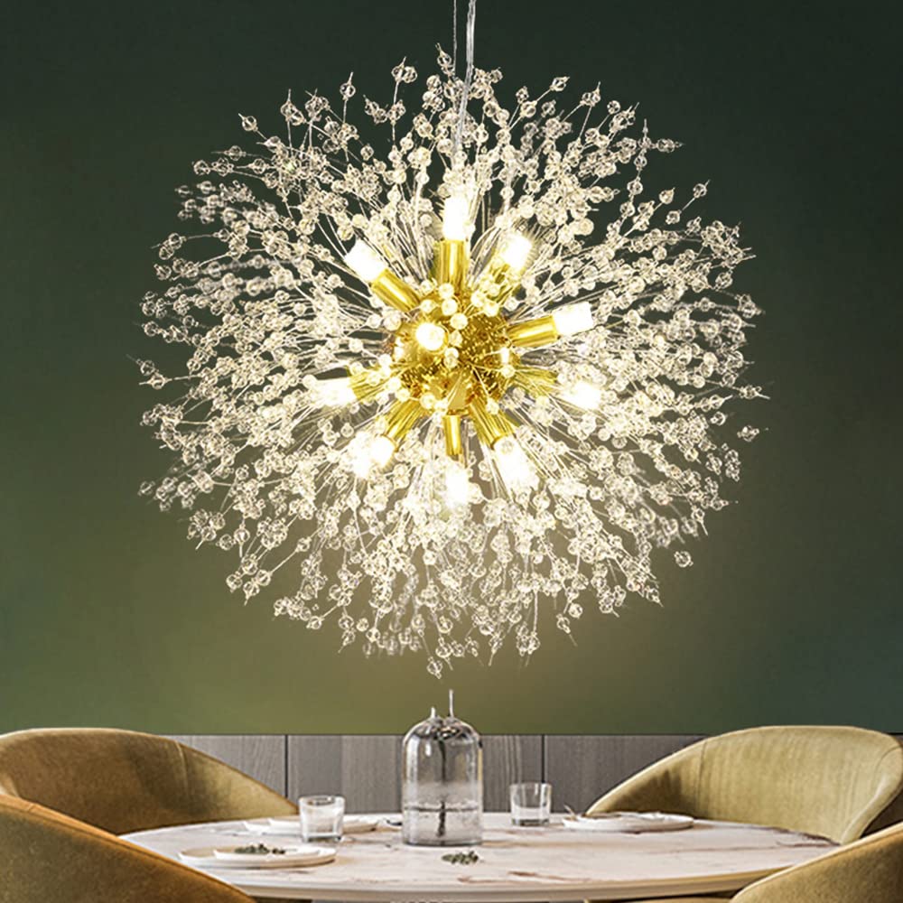 Modern Firework Gold Crystal Chandeliers, Sputnik Dandelion Chandelier Light Fixture Pendant Lighting for Dining Room, Living Room, Bedroom, Kitchen, Restaurant- 12 Lights