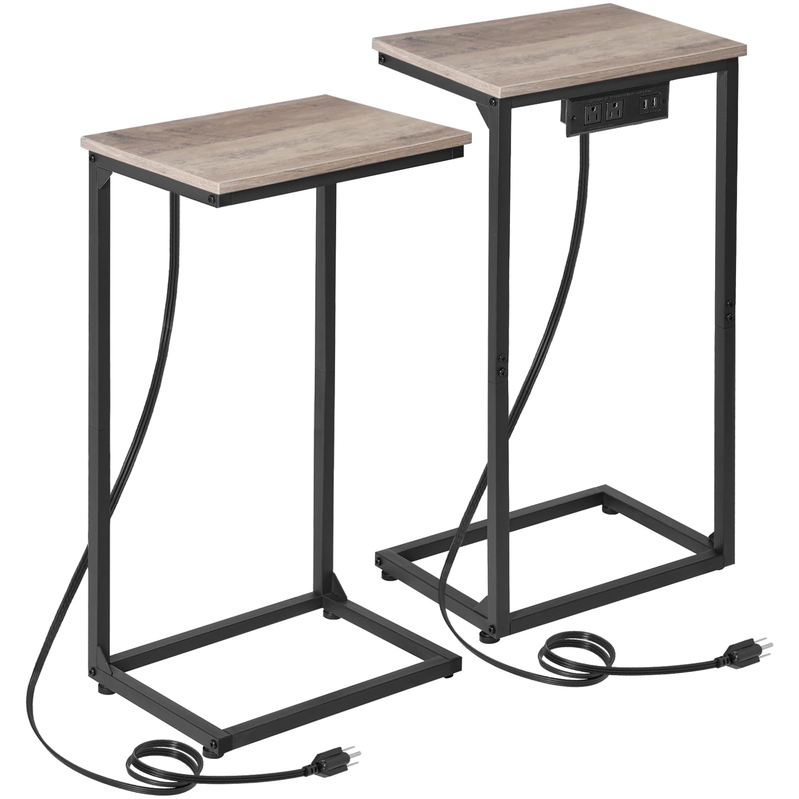AMHANCIBLE C Shaped Side Table, End Tables Living Room Set of 2 with Charging Station, Couch Tables That Slide Under with USB Port & Outlet, Snack Table,TV Tray, Grey, HET02BPGY