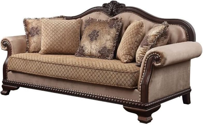 Acme Chateau De Ville Fabric Tufted Sofa with 5 Pillows in Espresso