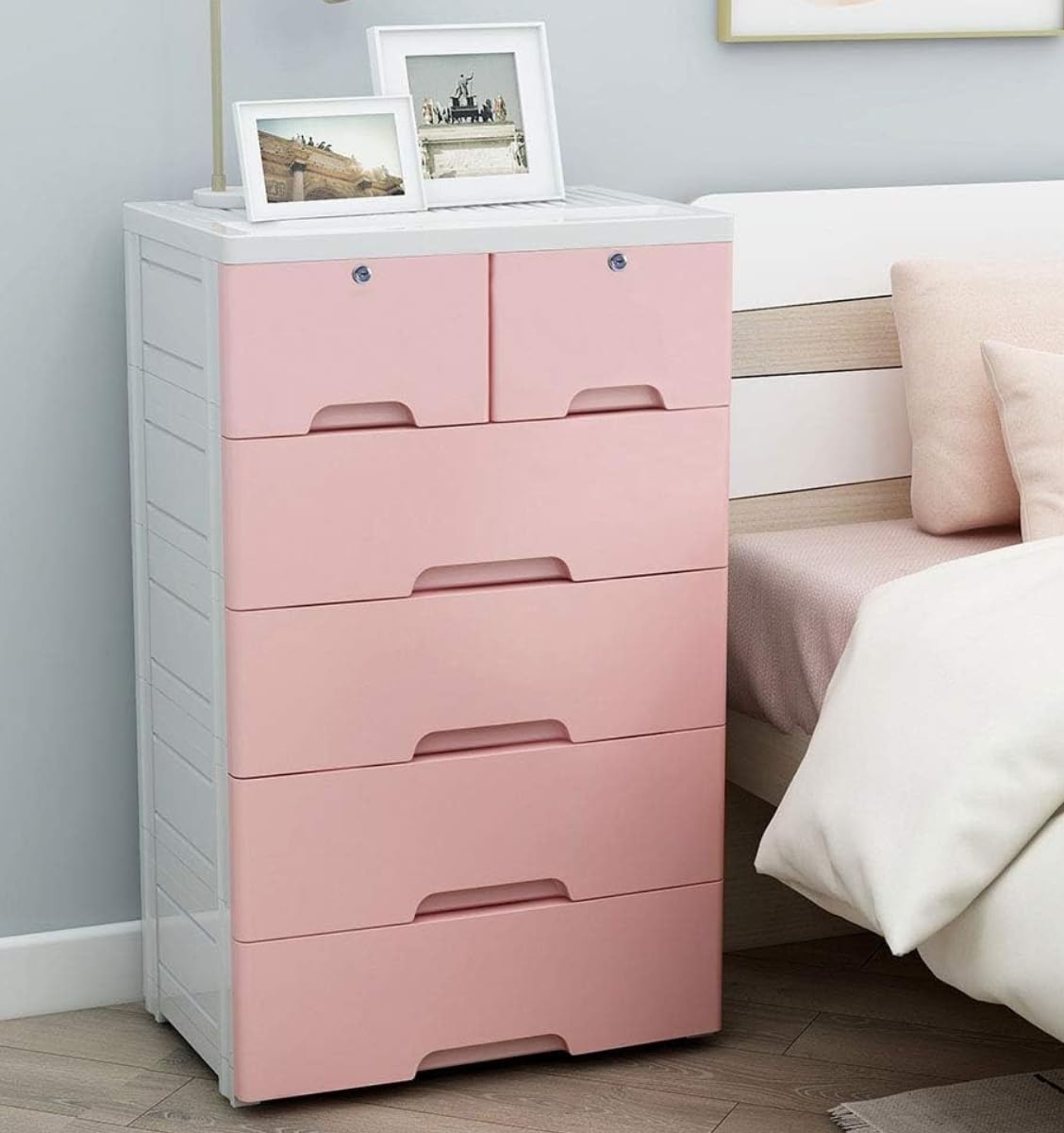 Nafenai Plastic Drawers Dresser,Storage Cabinet with 6 Drawers,Closet Drawers Tall Dresser Organizer for Clothes,Playroom,Bedroom Furniture, Pink