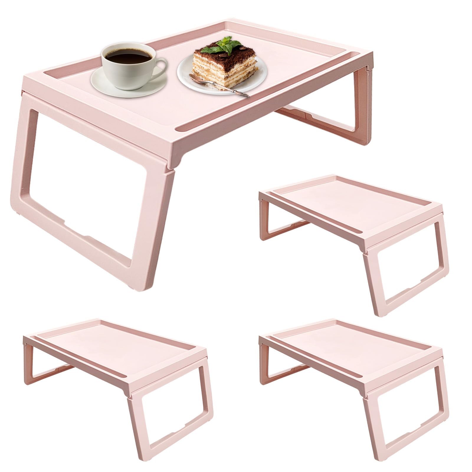 4 Pack Bed Tray Table with Foldable Legs, 26.8&quot;x14&quot; Breakfast in Bed Tray Folding Table with Handles Plastic Folding Legs, Serving Food Trays for Eating on Bed Sofa, Tray for Laptop Computer, Pink