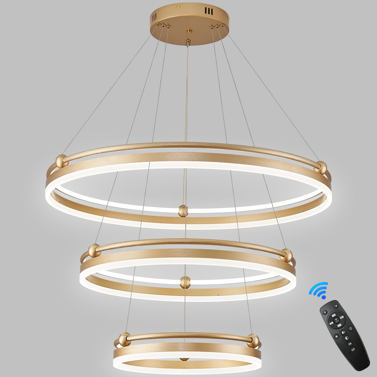D31.5 Modern LED Chandelier Gold Ring Pendant Light Dimmable with Remote Control 120W Ceiling Chandeliers for Dining Living Room Foyer Entryway(3000K-6500K, 6-Ring Lighting)