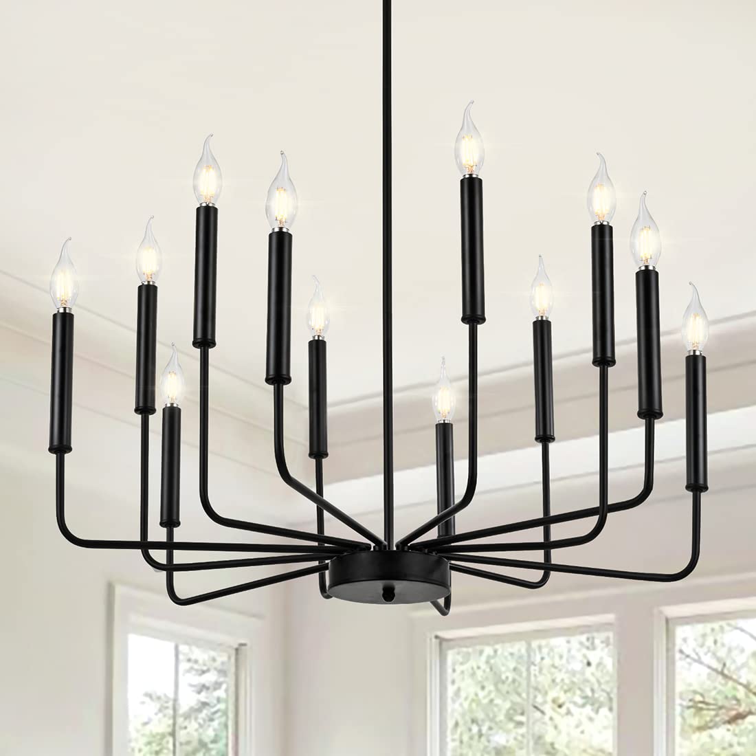 Farmhouse Black Chandeliers, Modern Rustic Dining Room Chandelier, Industrial Metal 12-Light Candle Hanging Chandelier Light Fixture for Foyer, Kitchen, Entryway, Living Room