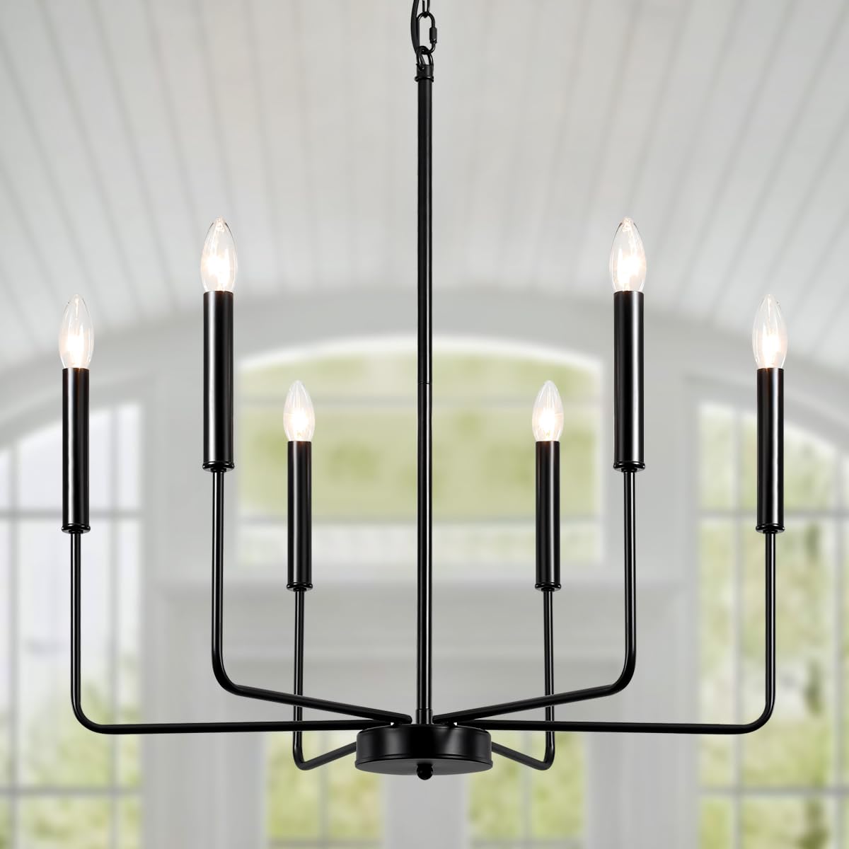 TOULMJ Modern Black Chandelier Farmhouse Dining Room Light Industrial 6-Light Candle Chandelier Hanging Pendant Light for Kitchen Island, Bedroom, Foyer, Living Room, Entryway