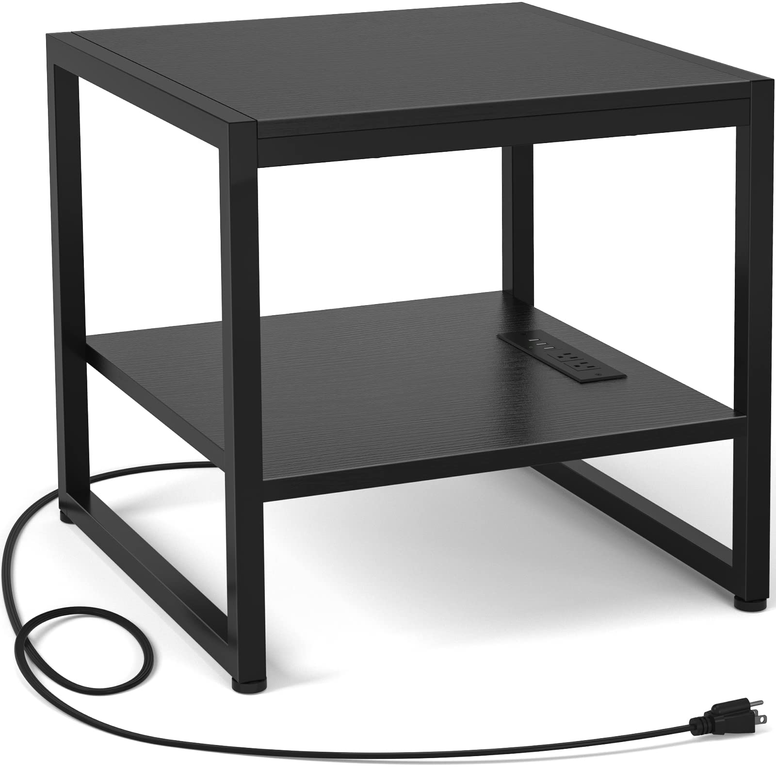 Homieasy End Table with Charging Station, 20 Inch Square Side Table with USB Ports & Power Outlets, Black Nightstand with 2-Tier Storage Shelf, Mini Fridge Stand for Small Spaces, Black