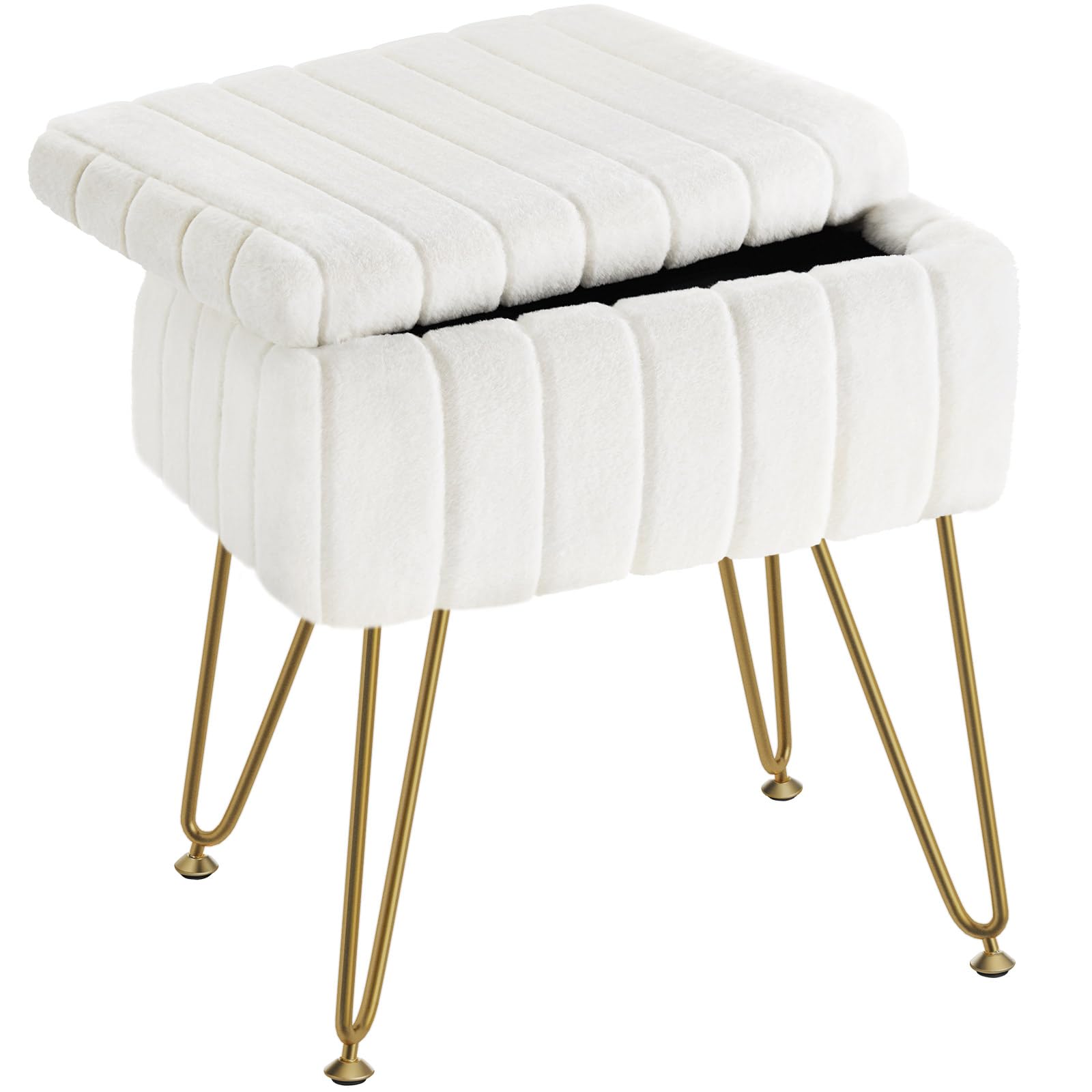 Greenstell Vanity Stool Chair Faux Fur with Storage, 15.7&quot;L x 11.8&quot;W x 19.4&quot;H Soft Ottoman 4 Metal Legs with Anti-Slip Feet, Furry Padded Seat, Modern Multifunctional Chairs for Makeup, Bedroom White