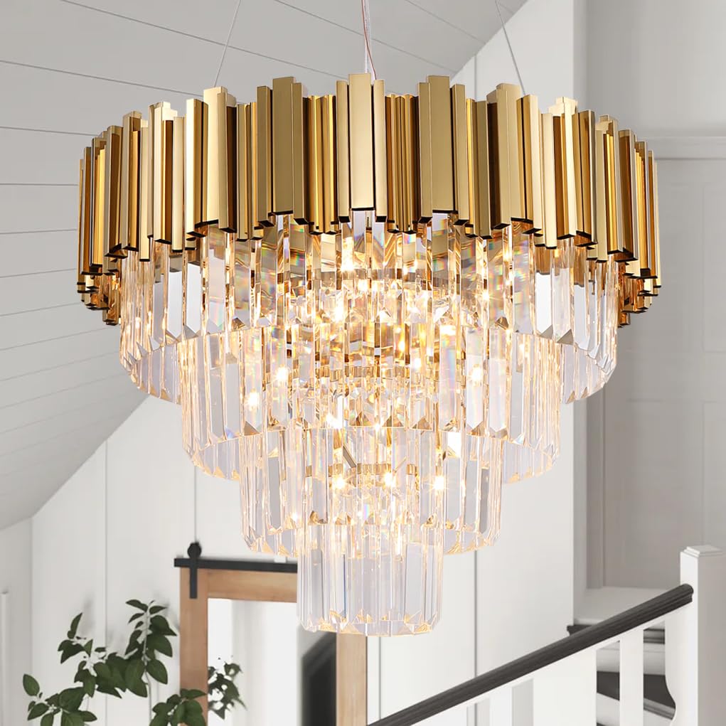 Gold Chandeliers Modern Crystal Chandelier Lighting 7 Lights Round Gold Chandelier Light Fixture Ceiling Bedroom Living Room Entryway 4-Tier Golden 21.6&quot;