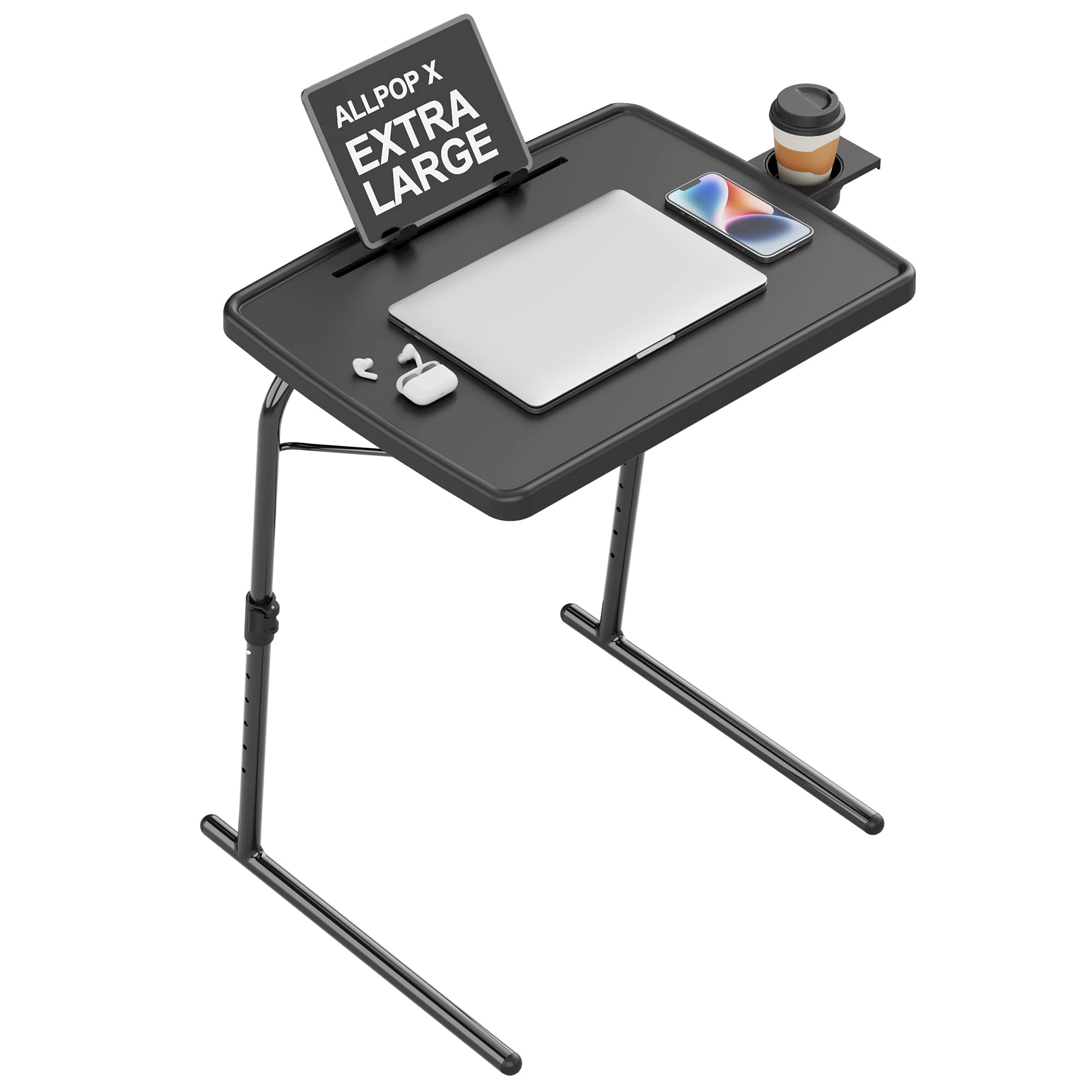 X TV Tray Table, Allpop Large TV Dinner Tray for Eating, Adjustable Folding Laptop Table with Book Stand, Cup Holder & Tablet Slot on Couch & Bed, Black