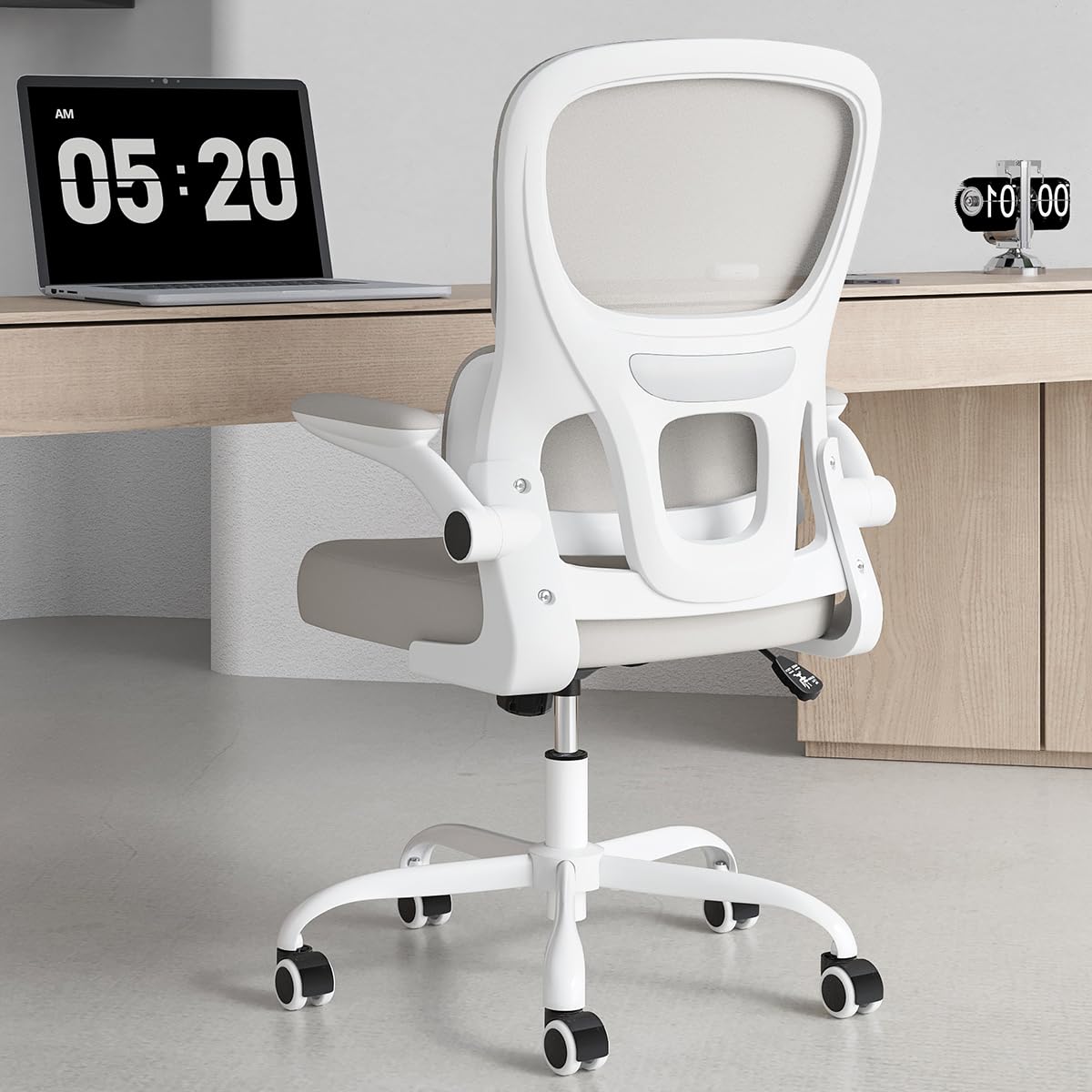 Soohow Ergonomic Home Office Chair, Mesh Desk Chair with Lumbar Support, Comfy Computer Desk Chair with Flip Armrest Rolling Wheels, Khaki.  Nylon
