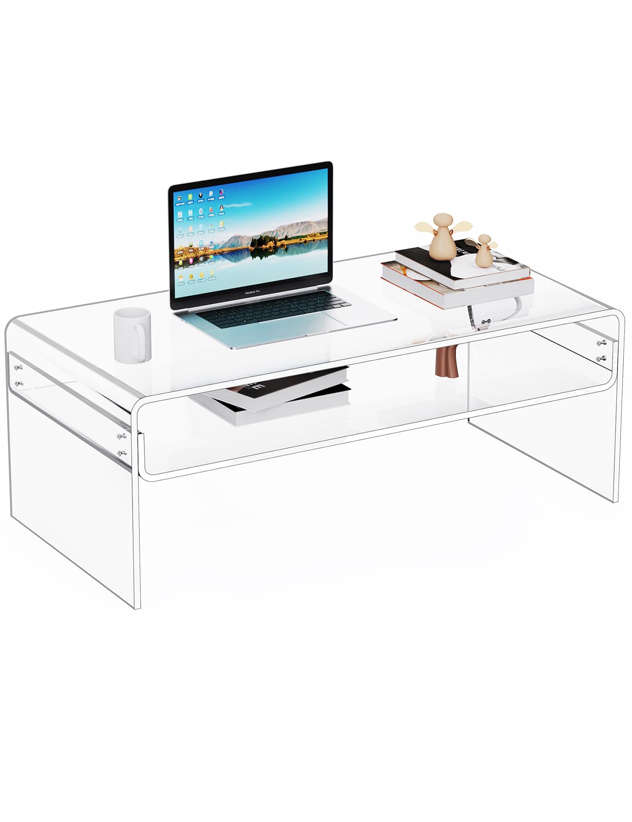 Acrylic Coffee Table for Living Room Clear Rectangle Lucite Table with Open Storage Shelf (1, Clear, Large)