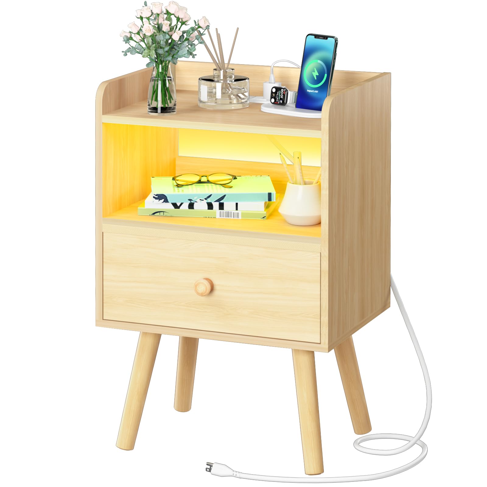 Yoobure Nightstand with Charging Station, Modern Night Stand with LED Lights, Wood Nightstands with Fabric Drawer & Storage Shelf, Night Stands Bedside Table with USB Ports for Bedroom, Office, Home