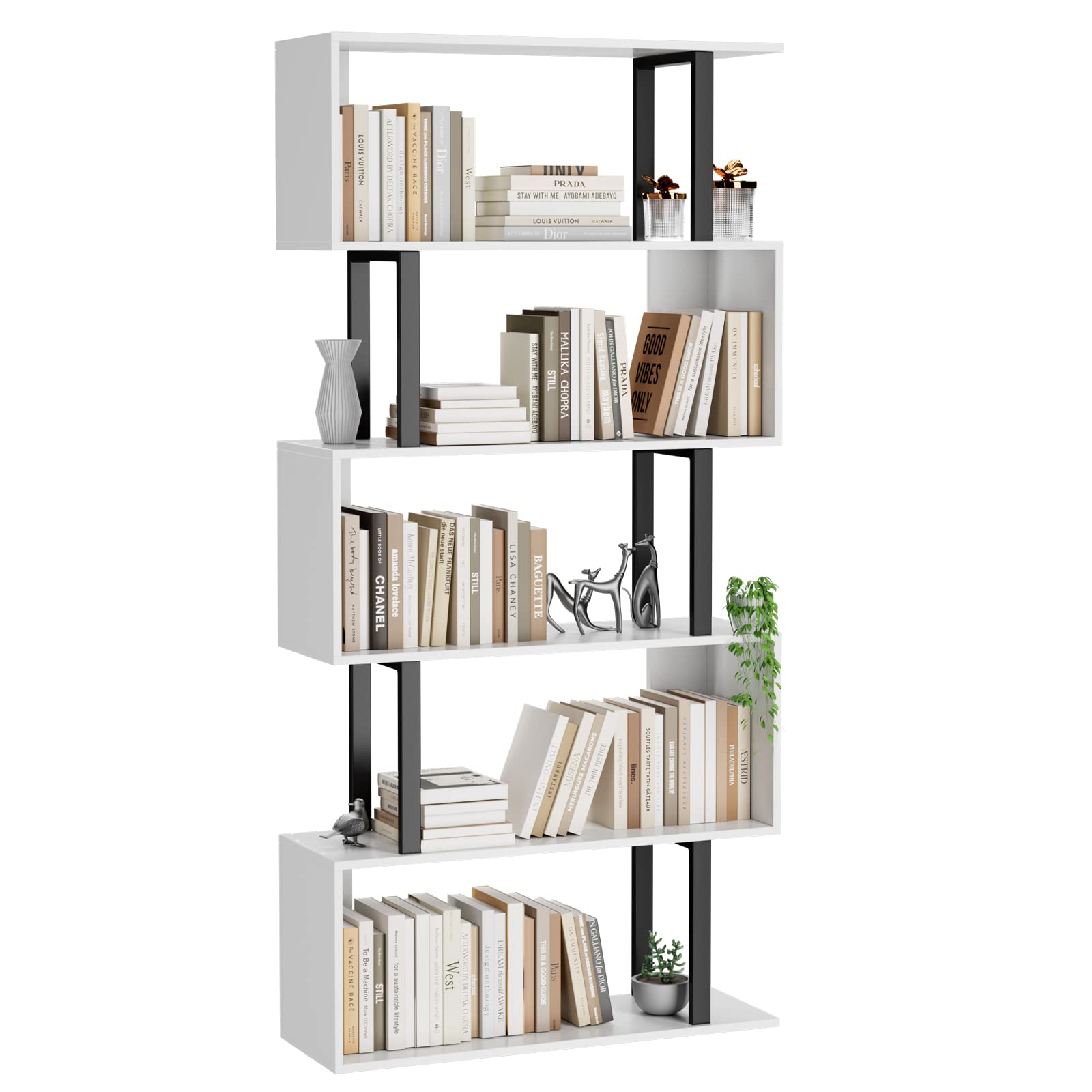 Gadroad 5 Tier Geometric Bookcase, Black and White Book Shelves, Modern Corner Bookcase Storage Shelf Wood for Living Room Home Office (White, 5 Tier)