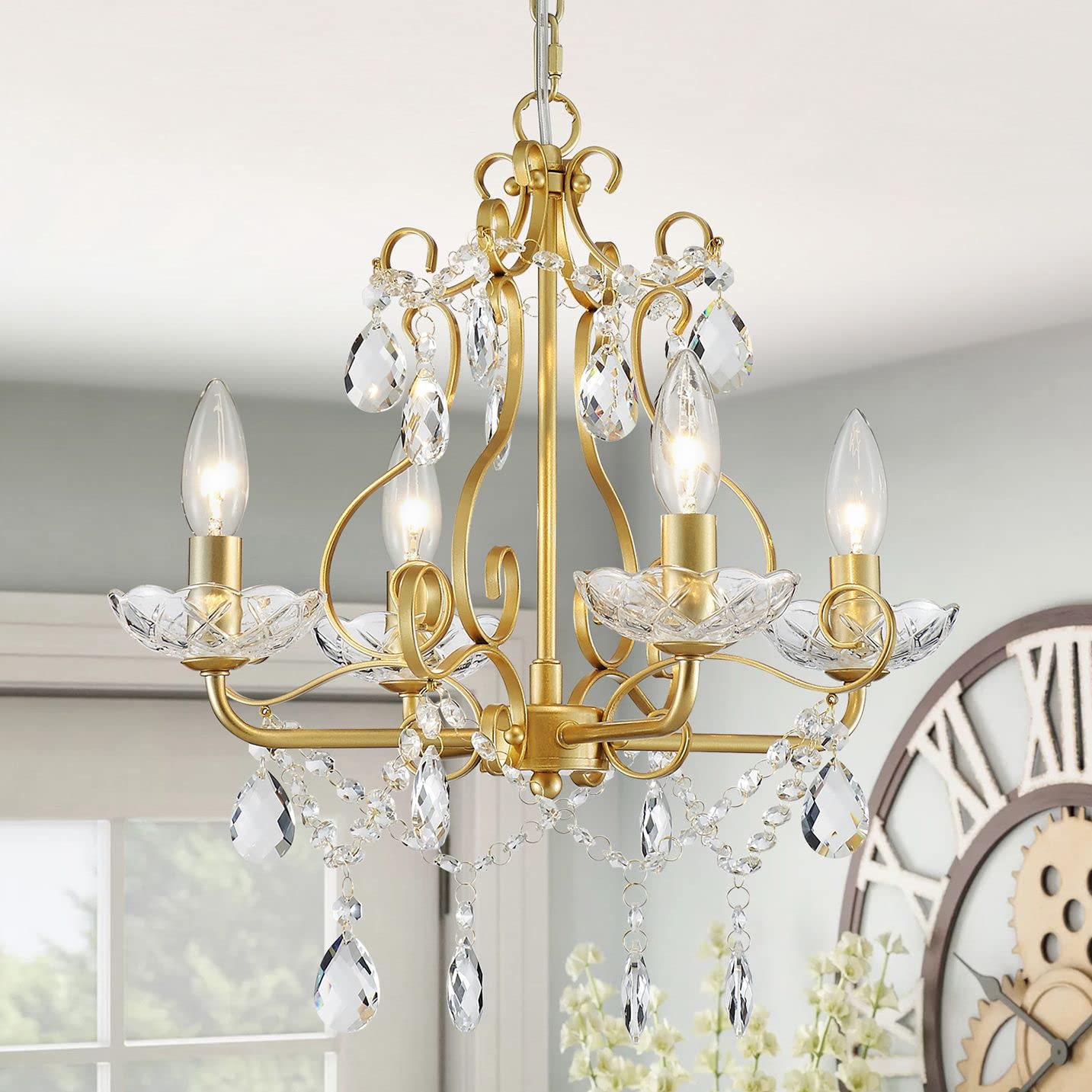 WUZUPS Crystal Candle Chandelier Pendant Flushmount Ceiling Light Modern Lighting Fixture for Bedroom Hallway Bar Kitchen Bathroom, H 14&quot; x W 16&quot;, Gold, E12 Base