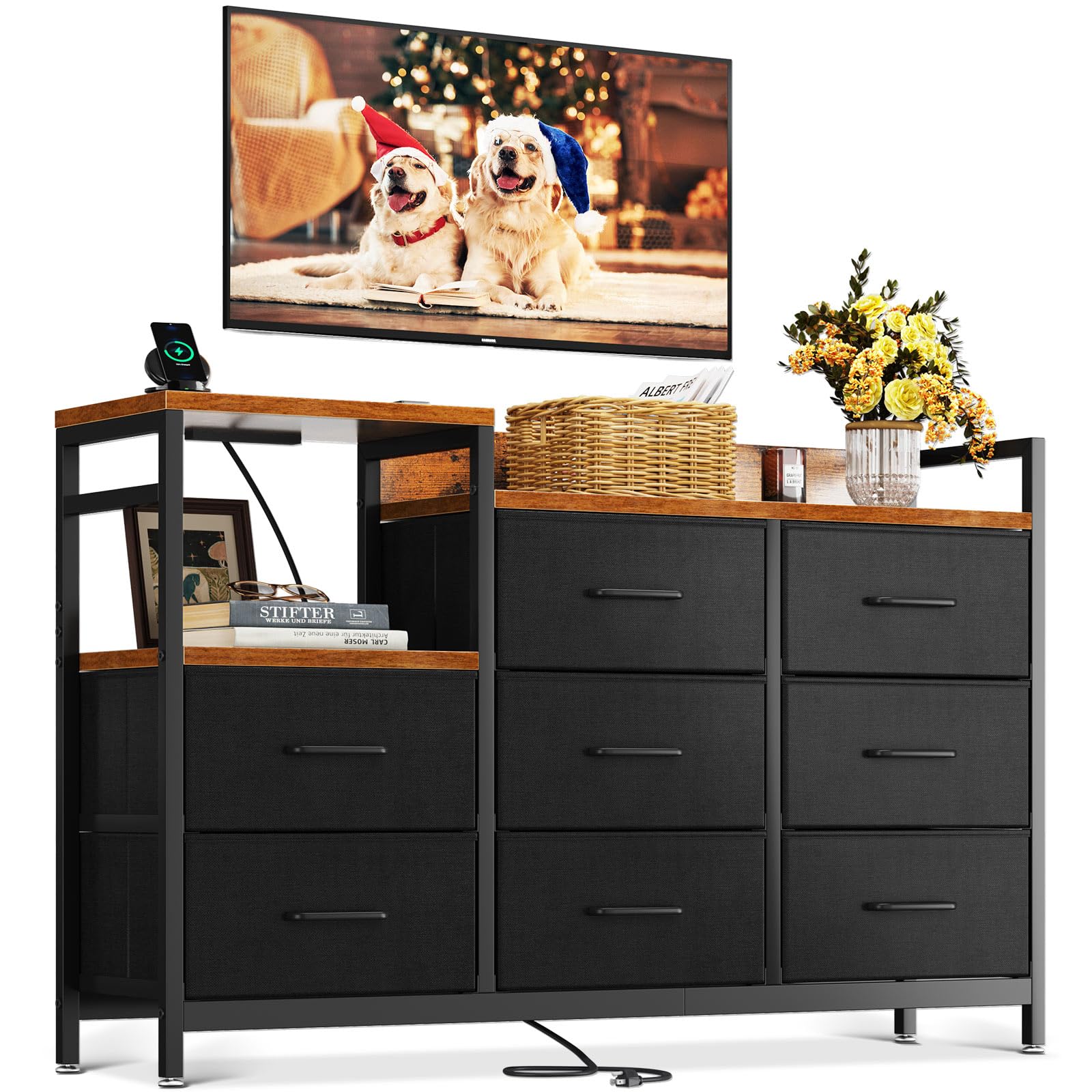 ODK TV Stand with Power Outlet, 52&quot; Long TV Stand with 8 Large Fabric Drawers, Entertainment Center with Open Shelves for 55 Inch TV, Living Room, Vintage and Black