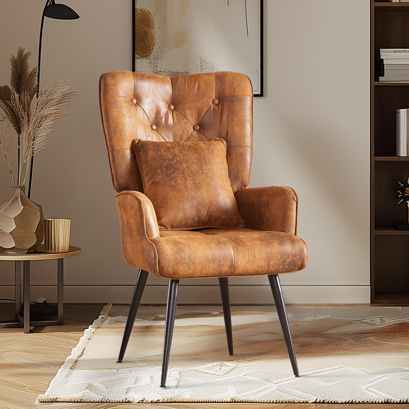 yoyomax WingbackChair BackChair, ReadingChair Accent Wingback Pillow and Arm, Mid Century Tall Back, Vintage Comfy Upholstered Reading Chair for Living, Bedroom, Dining Room, 40 in, Suede-Brown  Wood