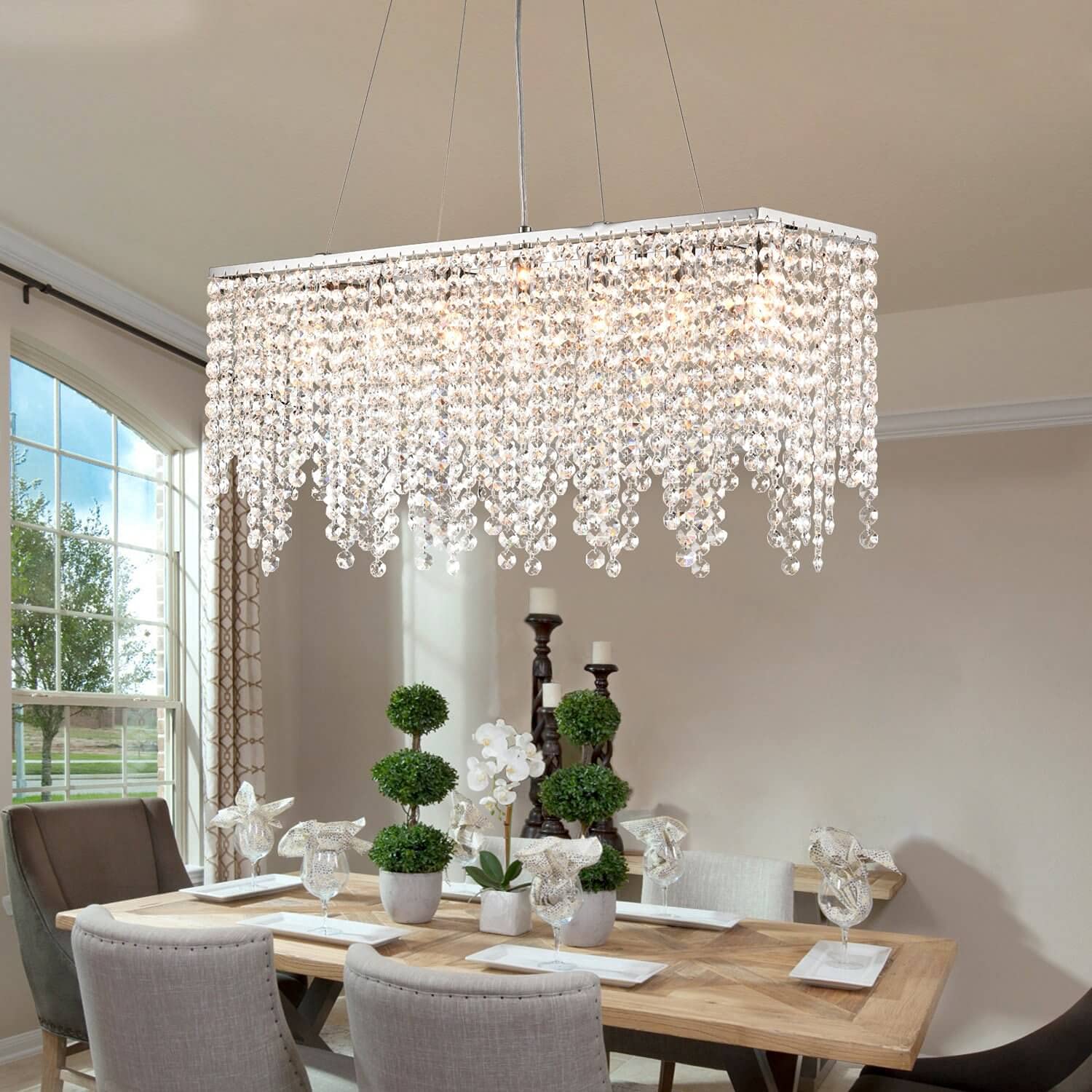 Crystal Rectangular Chandelier Raindrop Hanging Pendant Light Fixture Modern Hanging Over Table for Dining Room Restaurants Kitchen Island