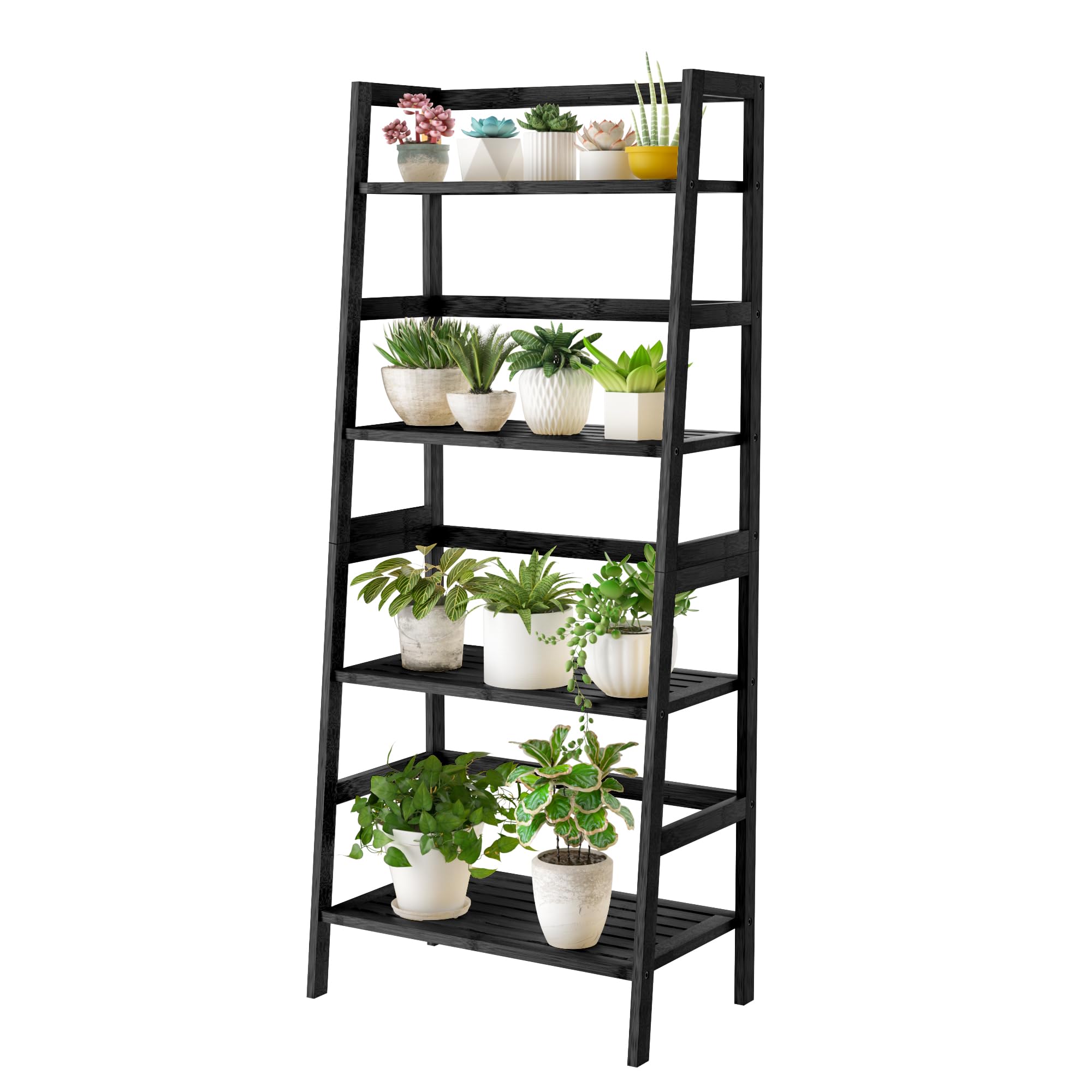 4-Tier Bamboo Bookshelf Ladder Shelf Book Shelf Bookcase Freestanding Storage Rack Plant Stand for Bedroom, Living Room, Bathroom, Small Space, Color Black